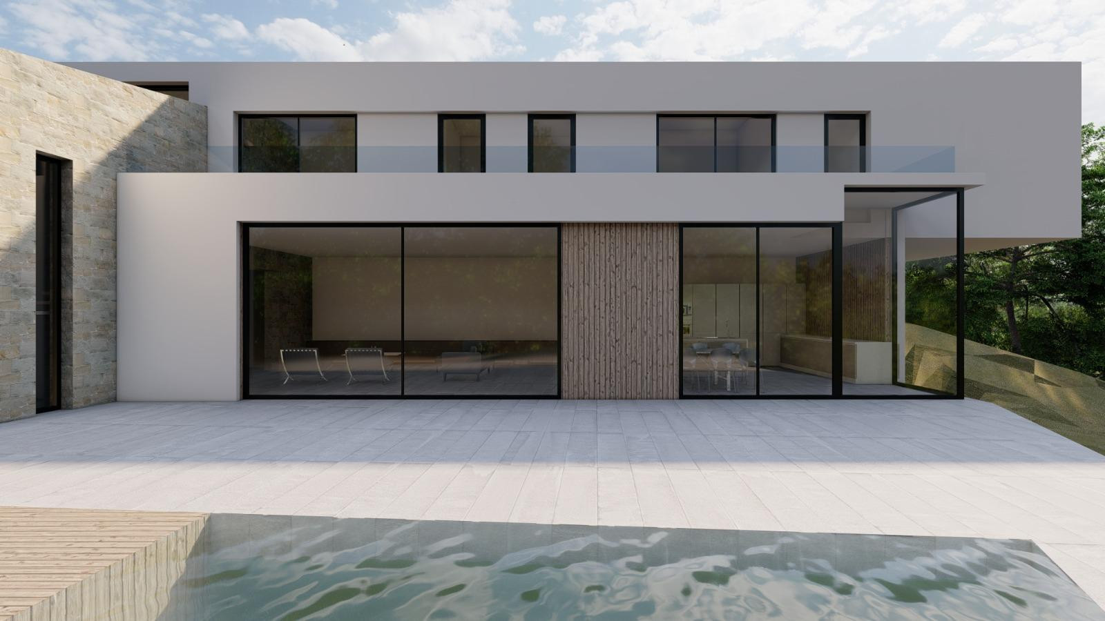 Modern white house with large glass windows, stone accent wall, and a pool with patio.