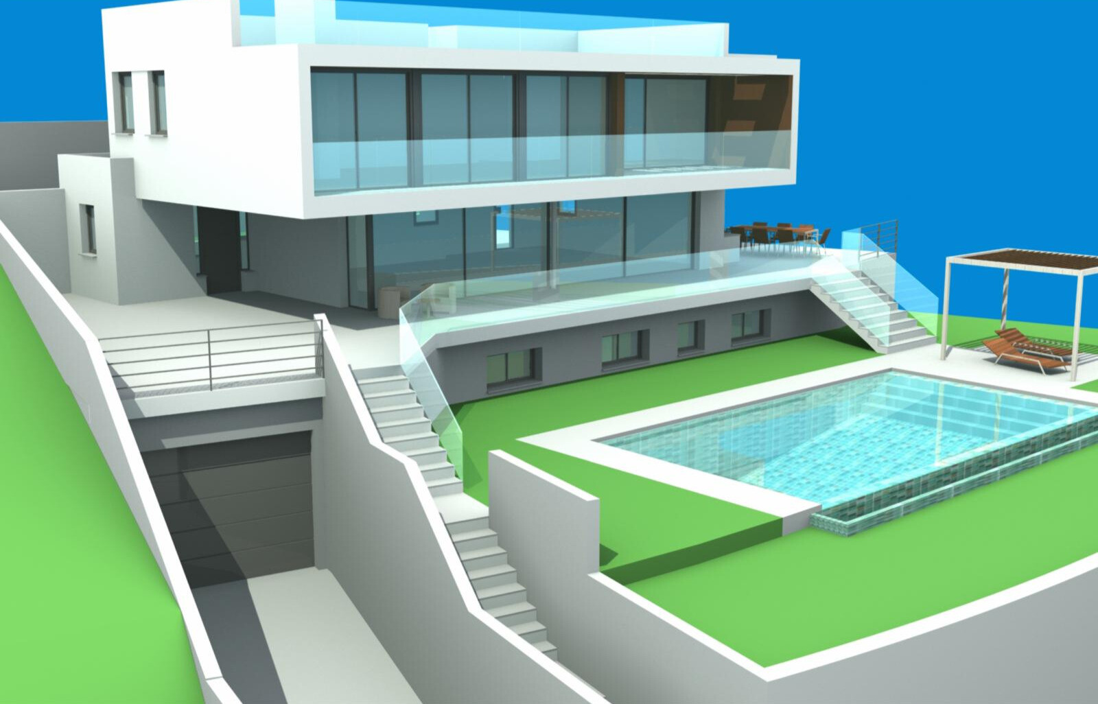 Architectural rendering of a modern house with a pool, multiple terraces, and a lower-level garage.