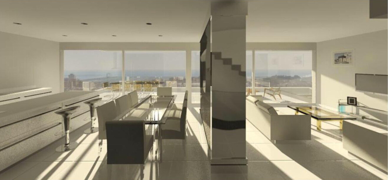 Open concept living, dining, and kitchen area with panoramic windows overlooking a cityscape.