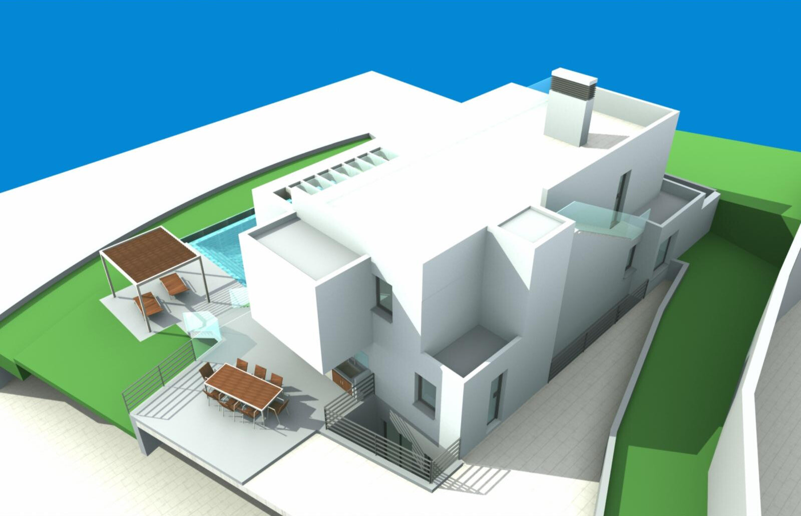 Aerial rendering of a modern white house with a swimming pool, terraces, and green landscaping.