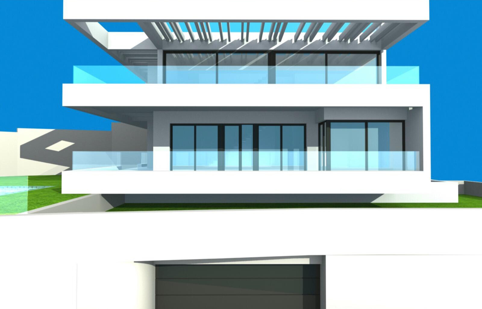 Front view of a white, modern house with multiple levels, large windows, and a ground-level garage.