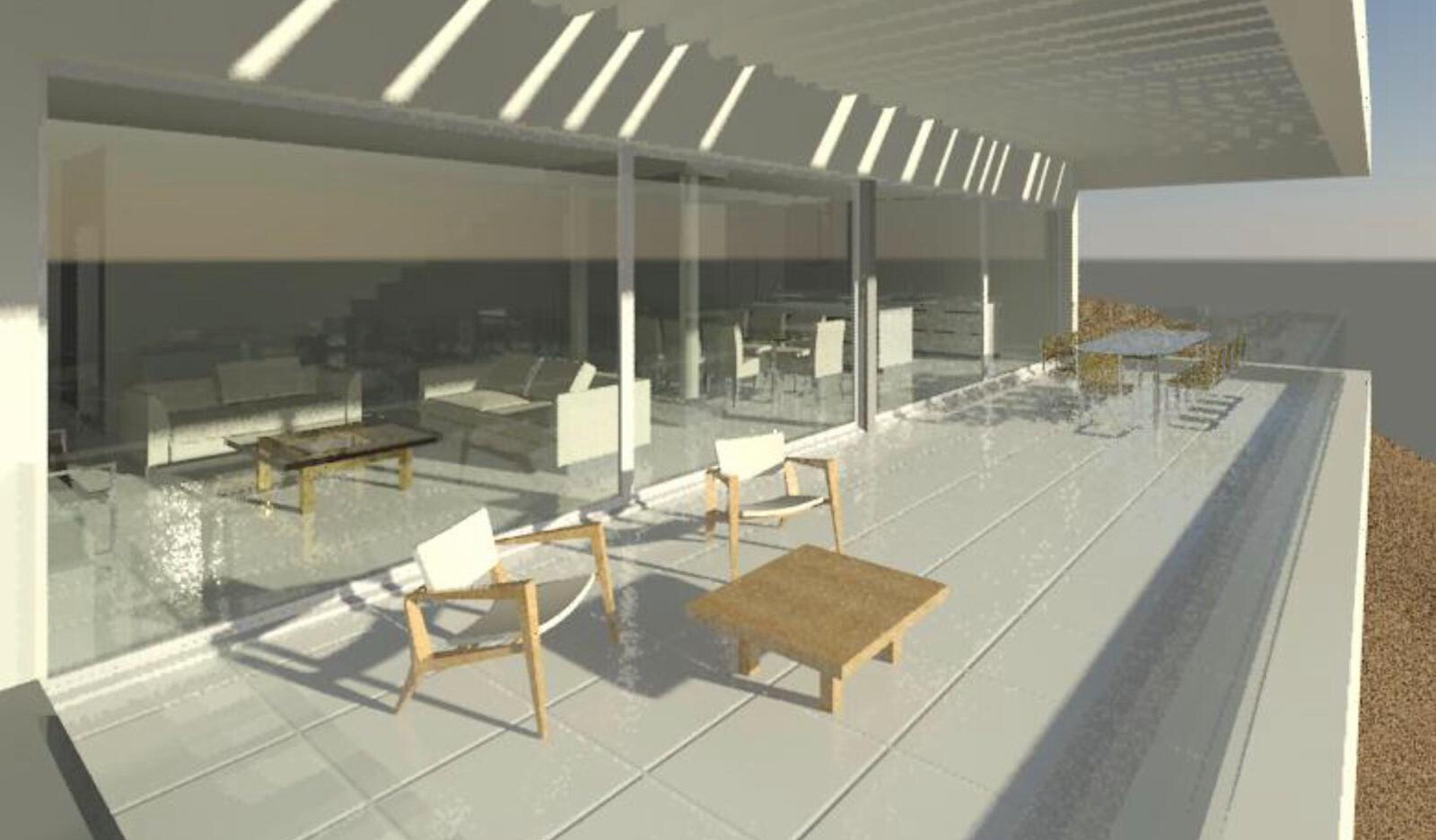 Outdoor patio with seating, dining table, and large glass doors revealing an interior living space.