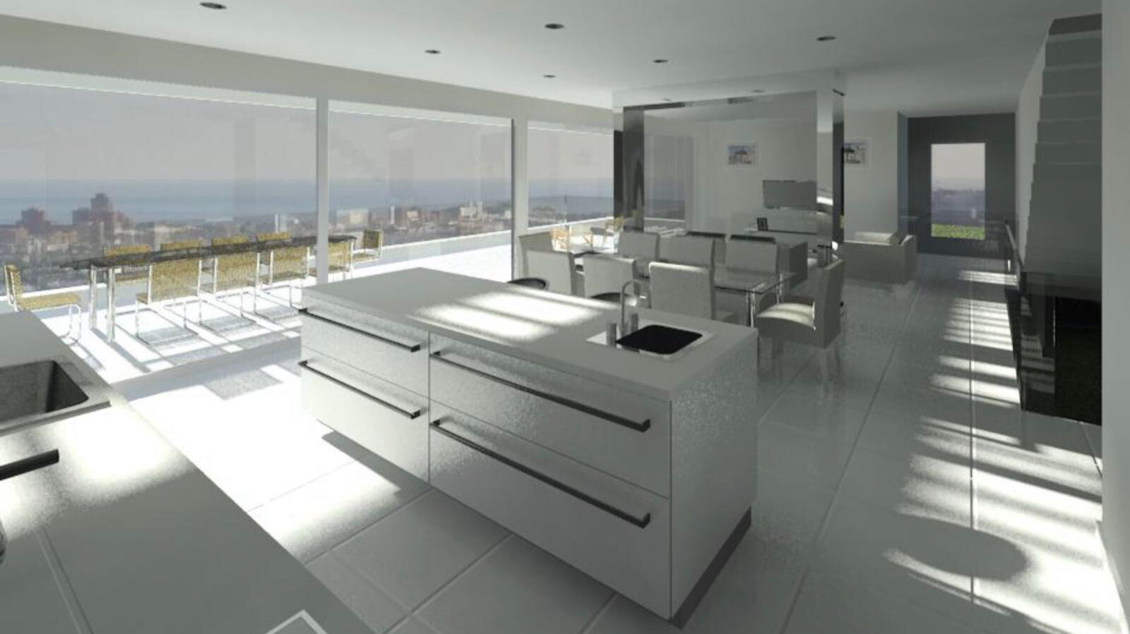 Kitchen island with sink, open living and dining areas, and a large terrace with city views.
