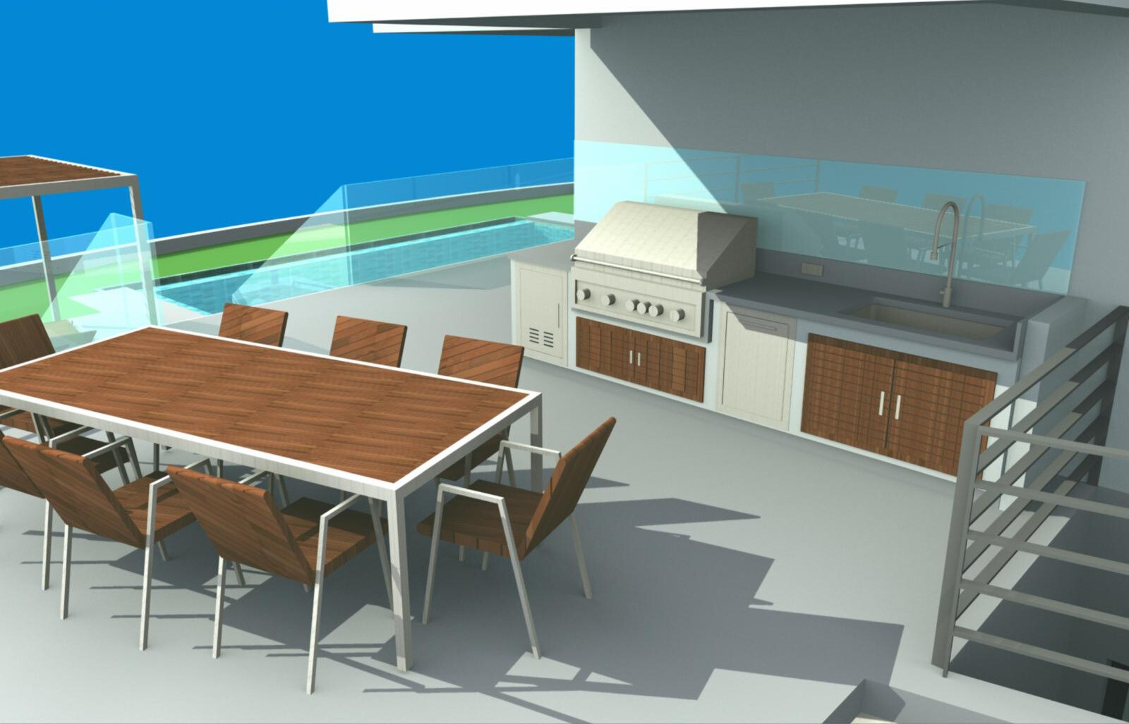 Outdoor kitchen with grill, sink, and dining table, next to a swimming pool with glass railing.
