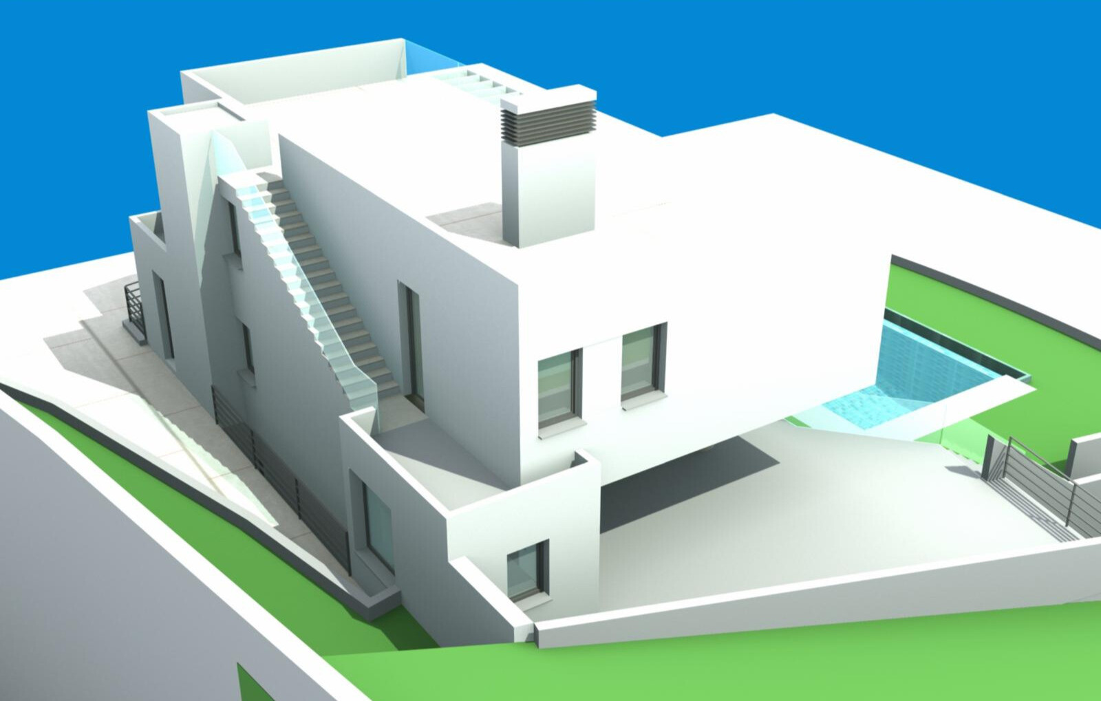 Aerial view of a white multi-level house with external stairs, a pool deck, and surrounding green area.