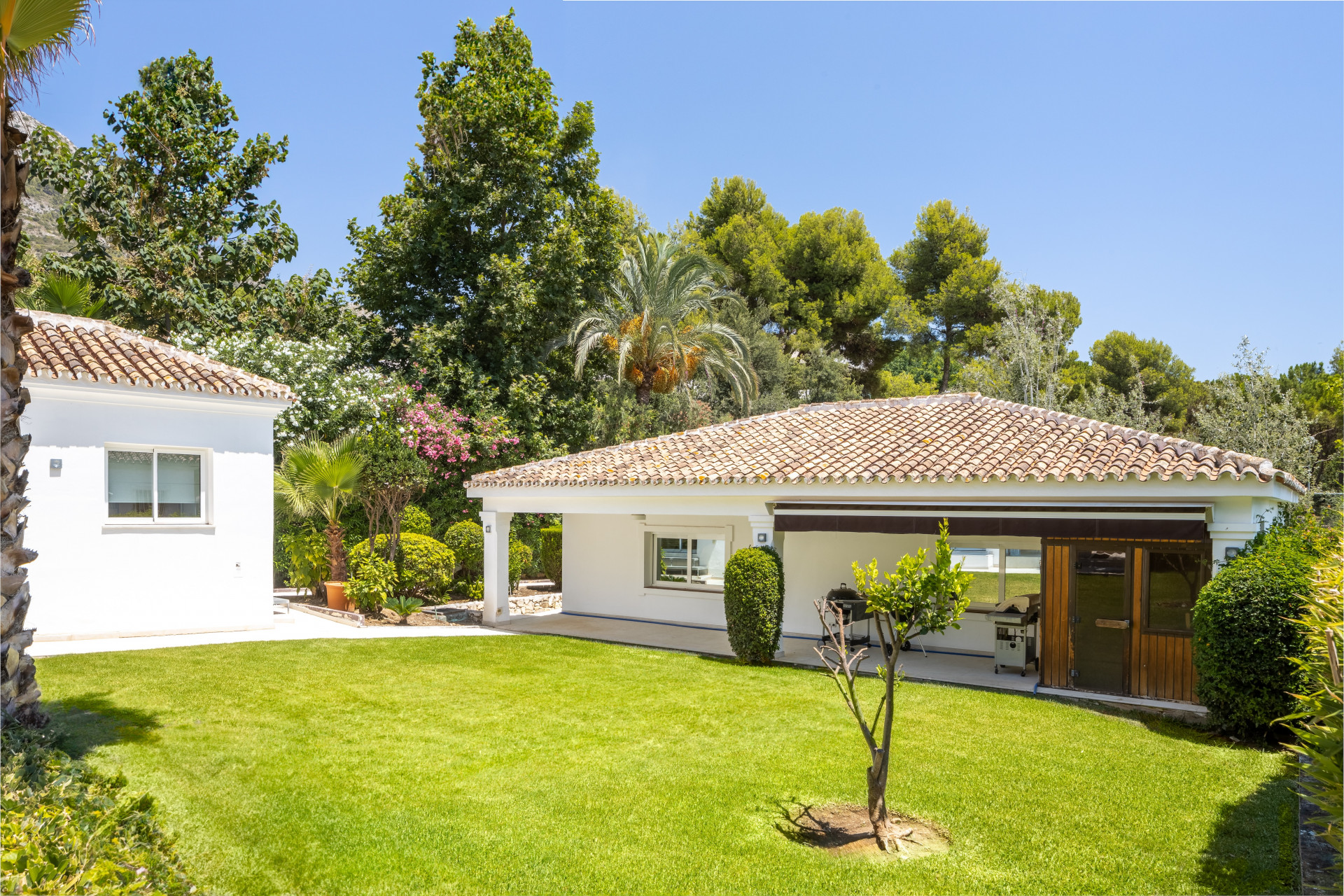 Exterior view of two white villas with terracotta roofs, green lawn, and lush trees under a clear sky.
