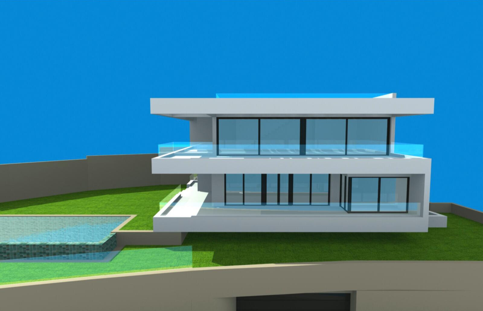 Contemporary white multi-level building with expansive glass windows, grass lawn, and infinity pool.