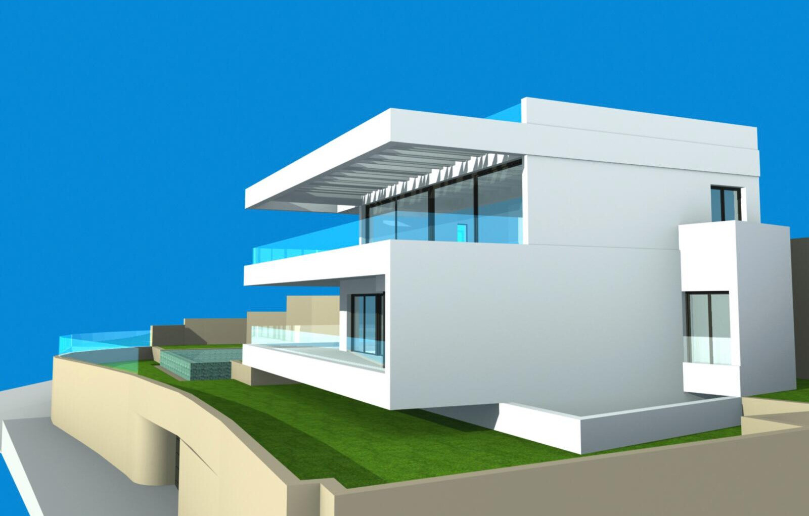 3D render of a modern white house on a sloping plot with glass railings and an outdoor pool.