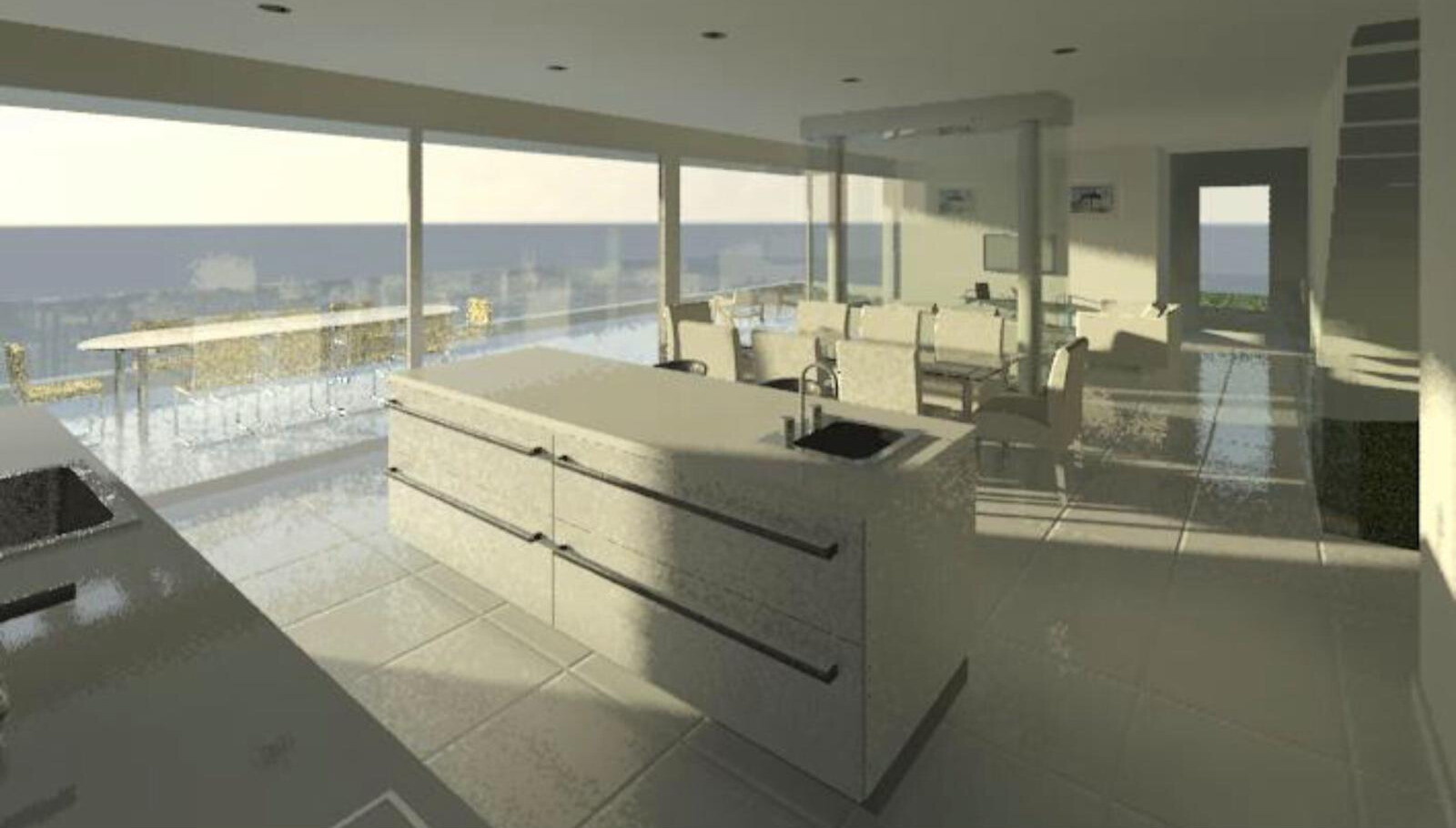 Kitchen island with sink, open plan living and dining areas, large windows with sea views.