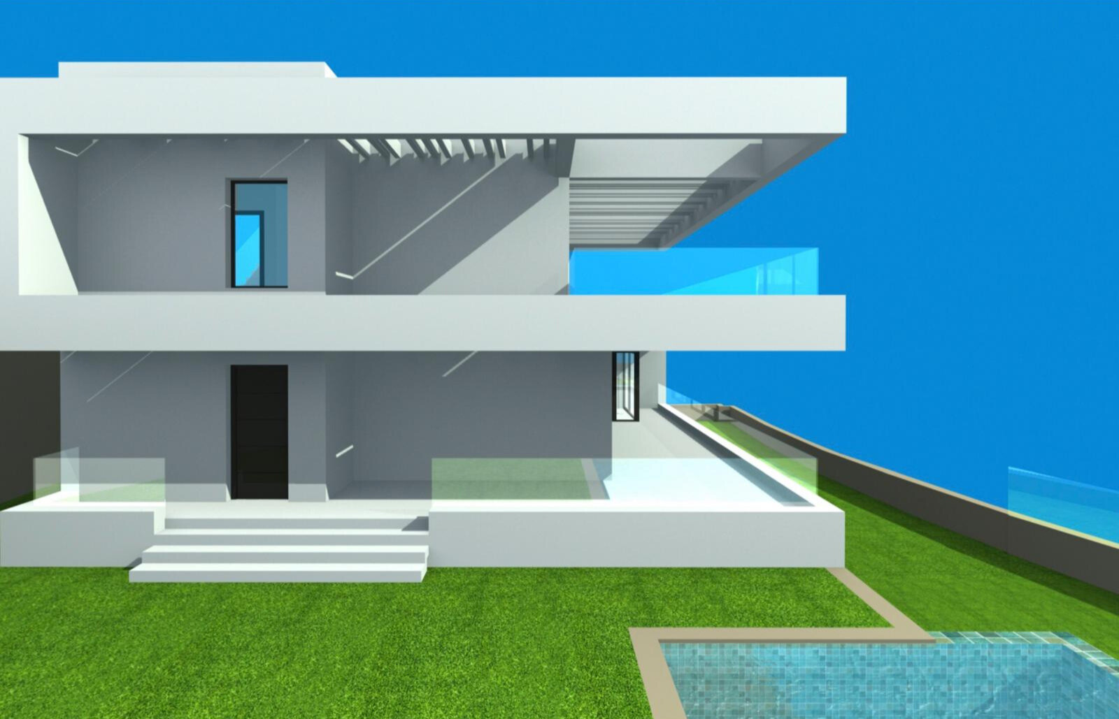 Modern white multi-level building exterior with grass lawn, steps, and a glimpse of a pool.