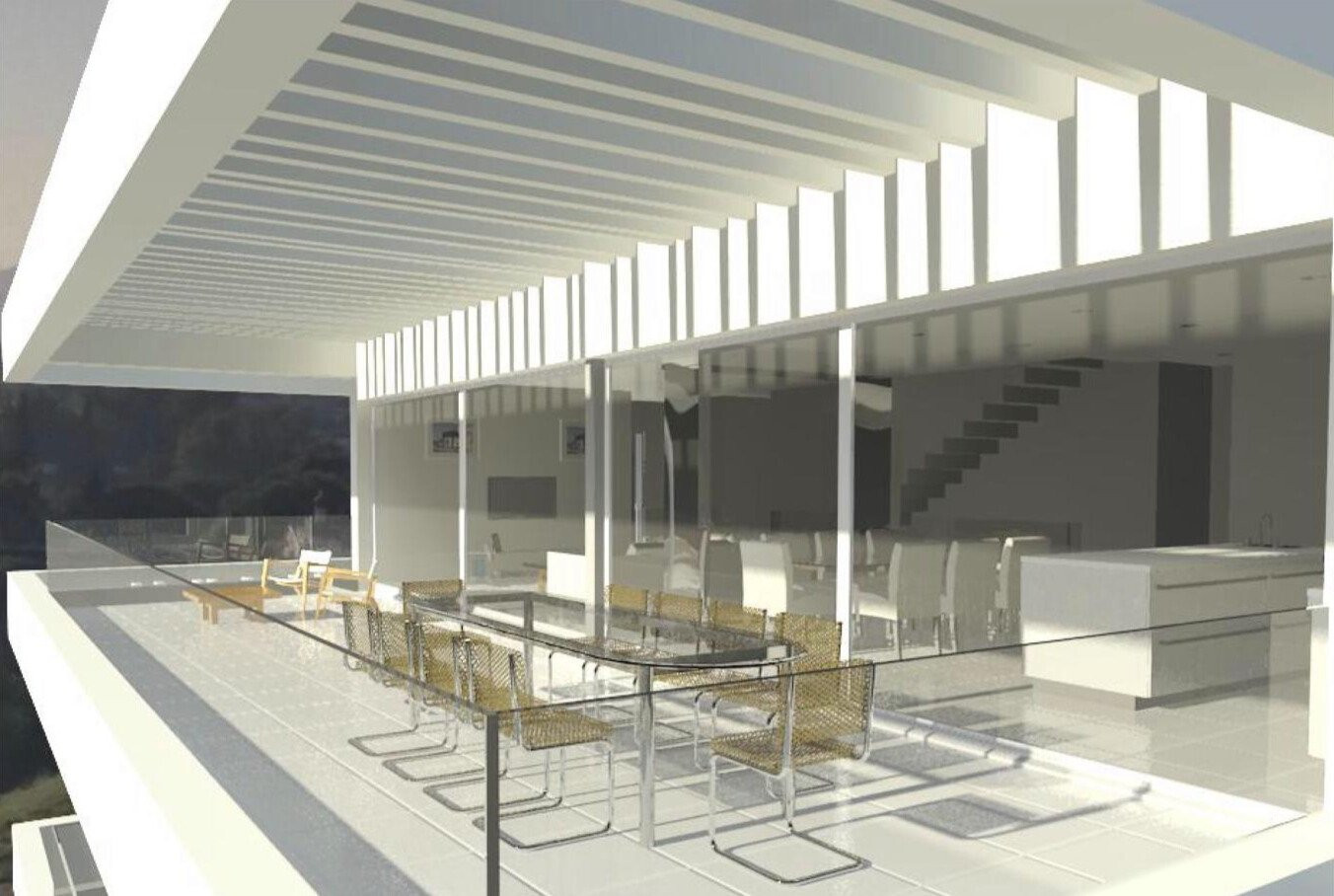 Rendered image of a large outdoor dining area on a terrace, overlooking an indoor dining and kitchen space.