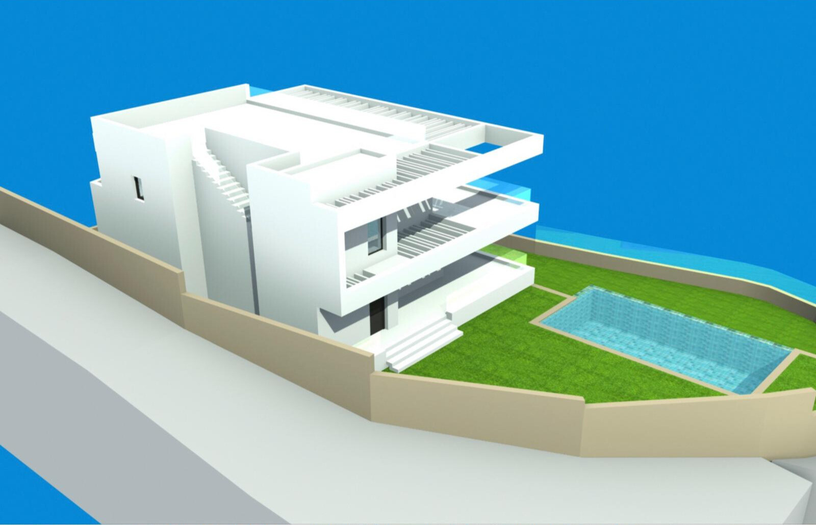 Rear aerial 3D render of a white modern house with multiple levels and a rectangular pool.