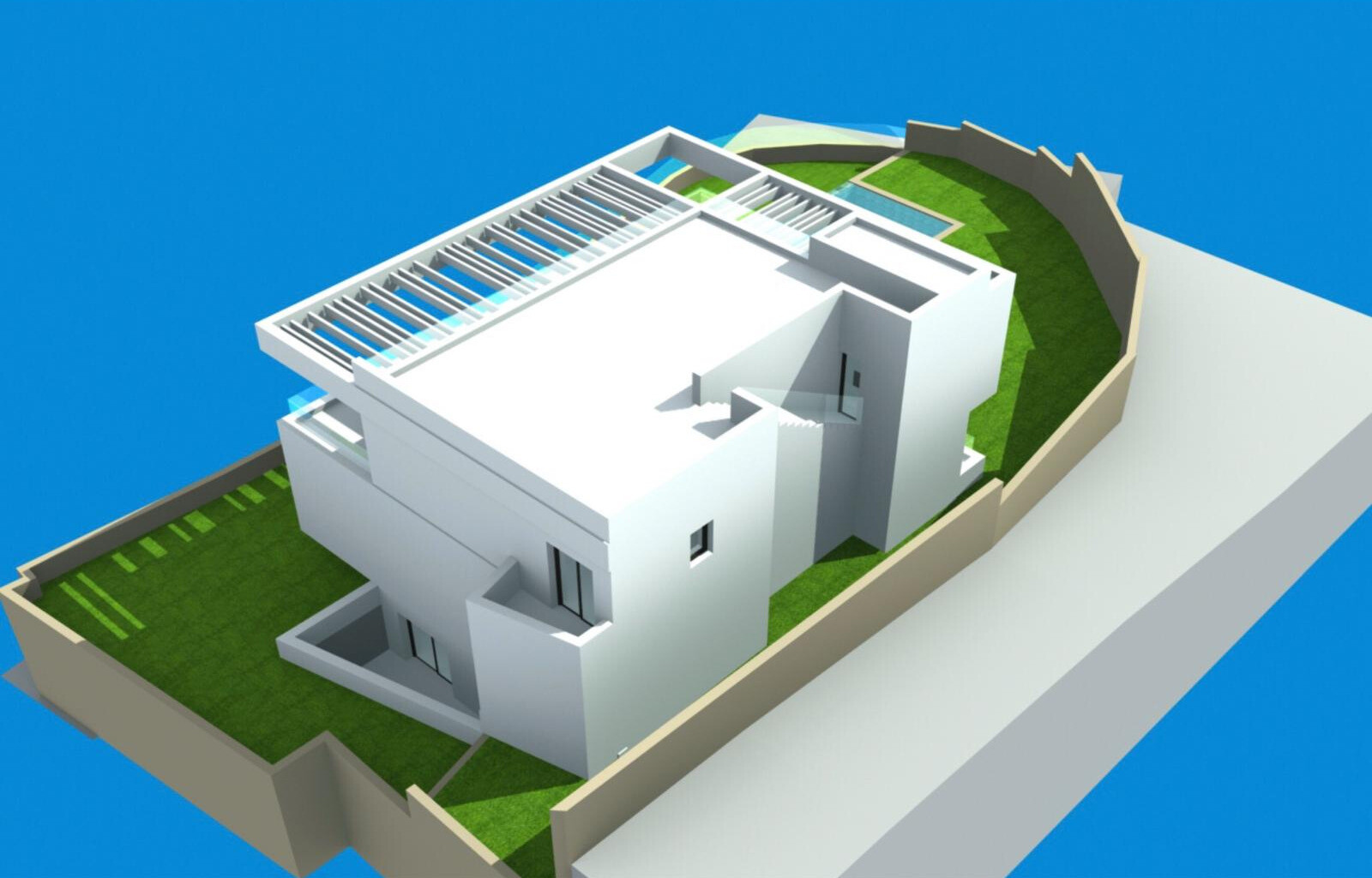 Aerial 3D render of a white modern house with flat roofs and a terraced garden with pool.