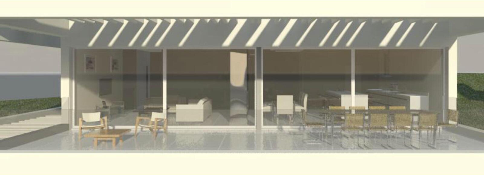 Outdoor patio with dining and lounge areas, large glass doors revealing indoor living and dining space.