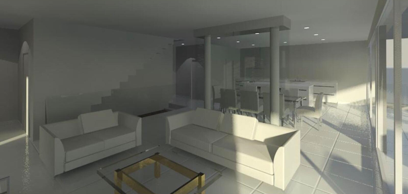Modern living room with white sofas, glass coffee table, open to dining area, staircase visible.
