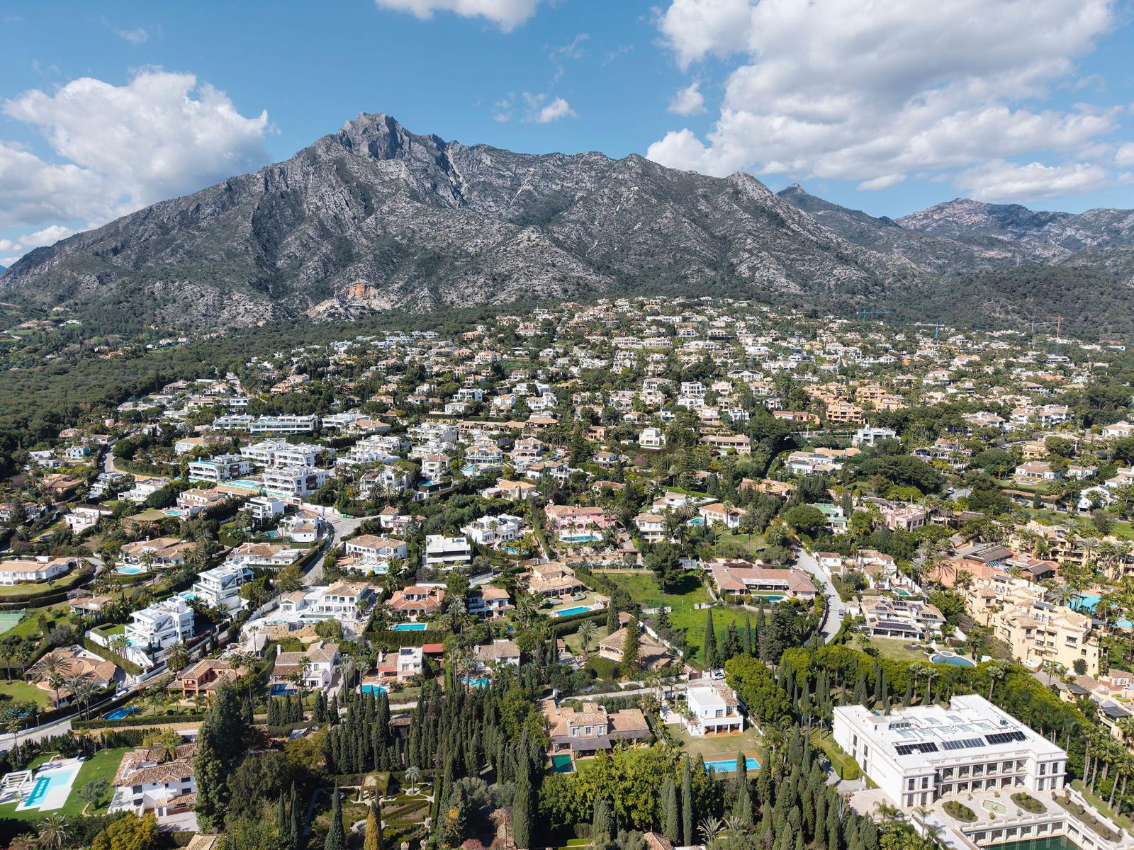 Aerial view of a luxury residential area with many villas, green trees, and a large mountain range in the background.