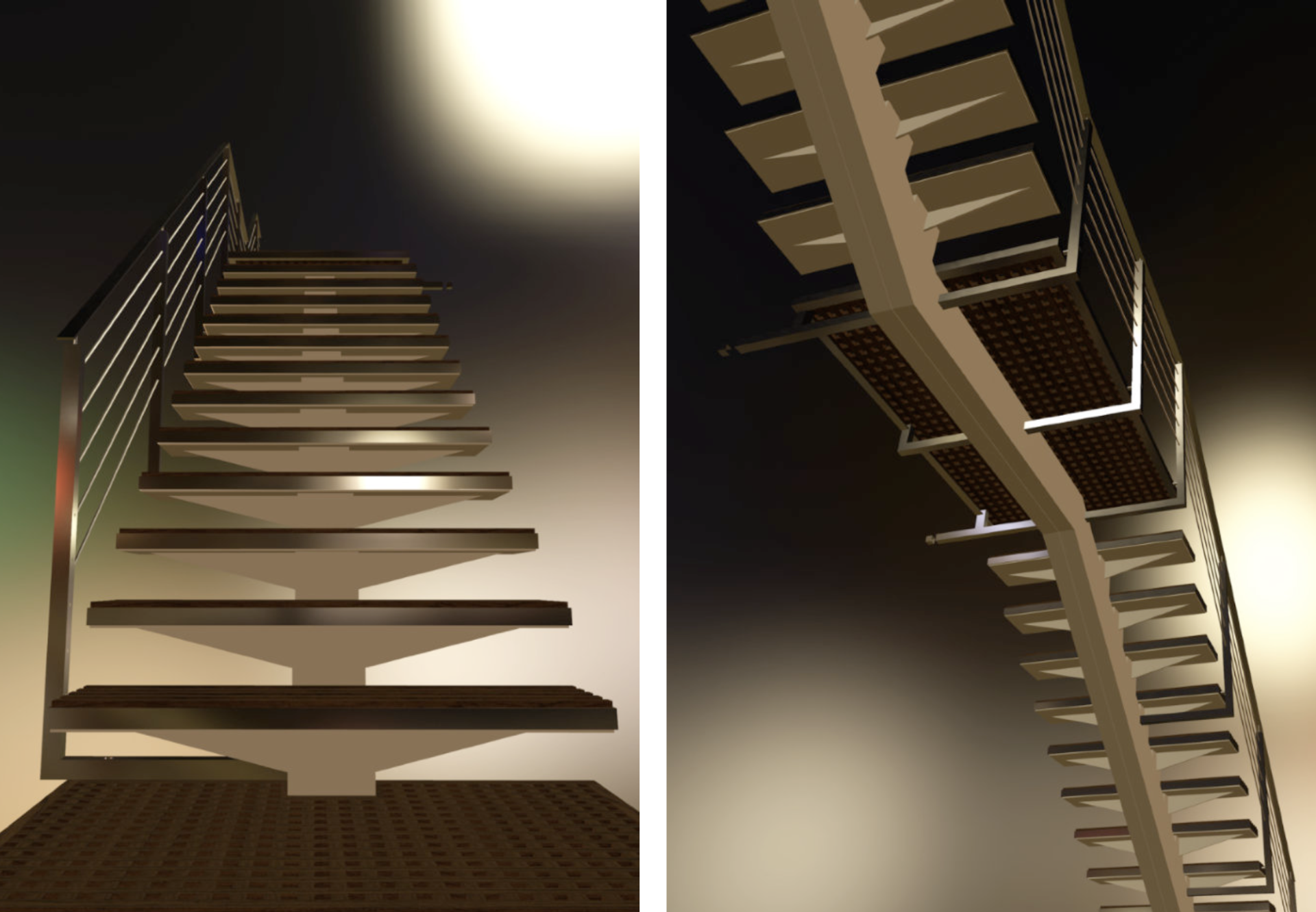 Two close-up views of a modern metal and wood staircase, one angled upwards, one from below.