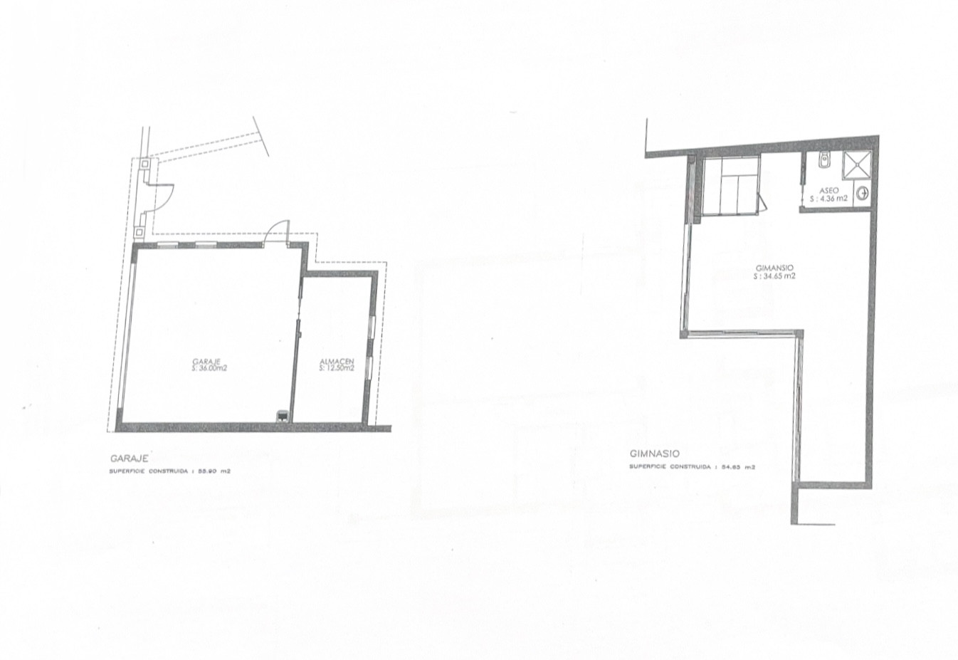 Two separate floor plans showing a garage with storage, and a gymnasium with a toilet.