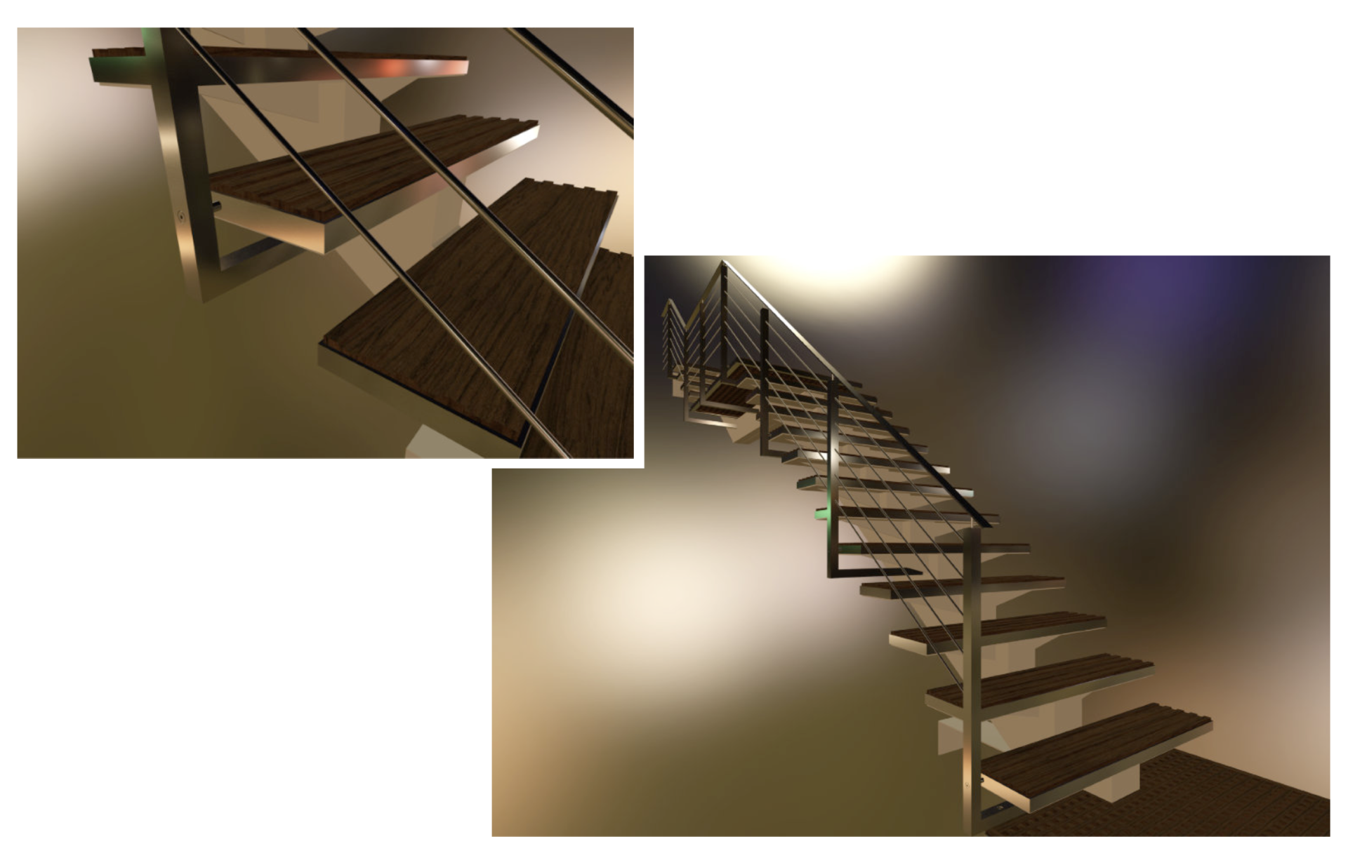 Two rendered views of a modern metal and wood staircase, one full view, one detail shot.