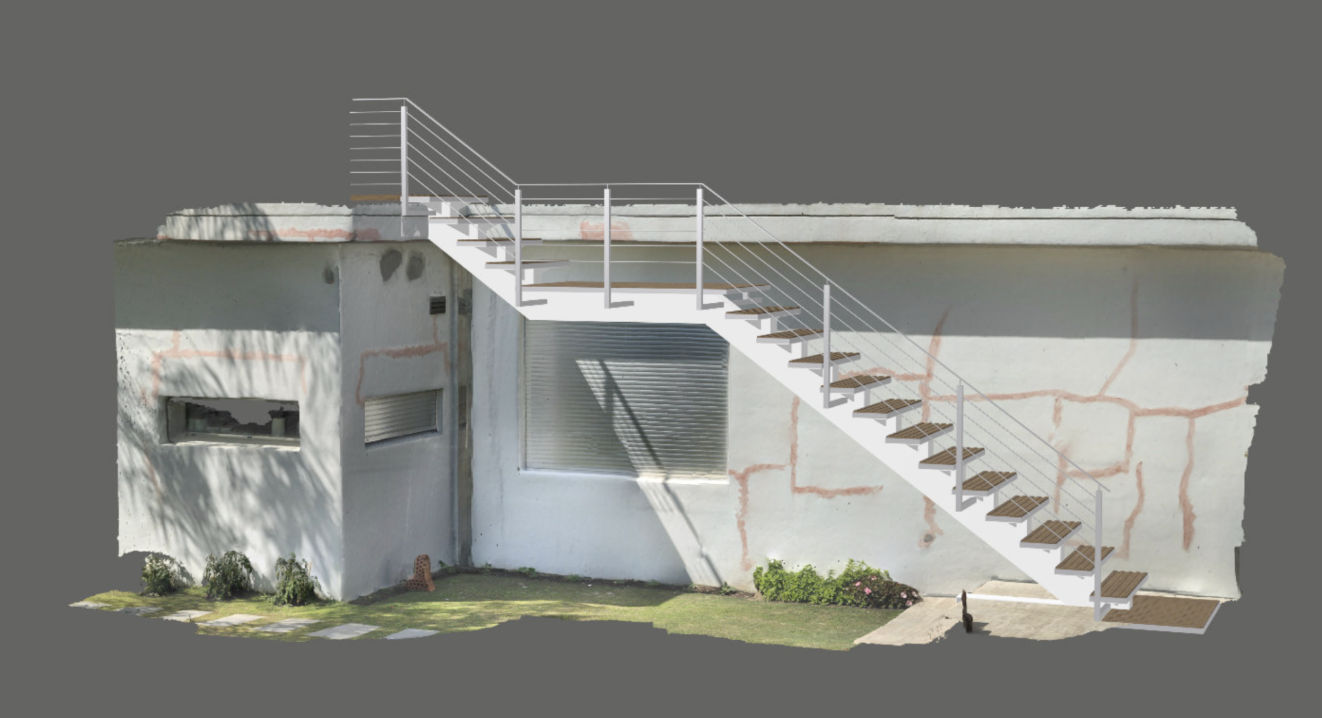 Exterior wall of a building with an outdoor metal and wood staircase leading up.