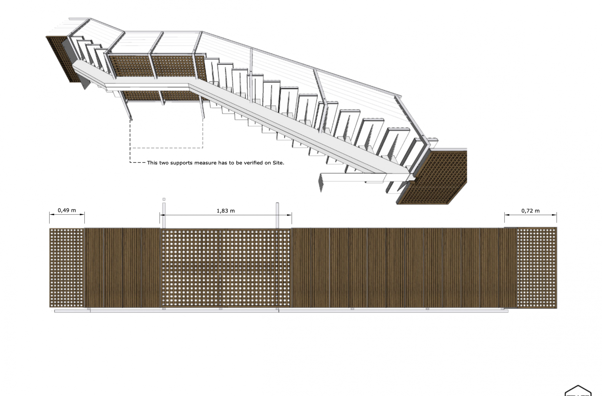 Rendered 3D view of a white staircase with a landing and dark wooden lattice balustrades.