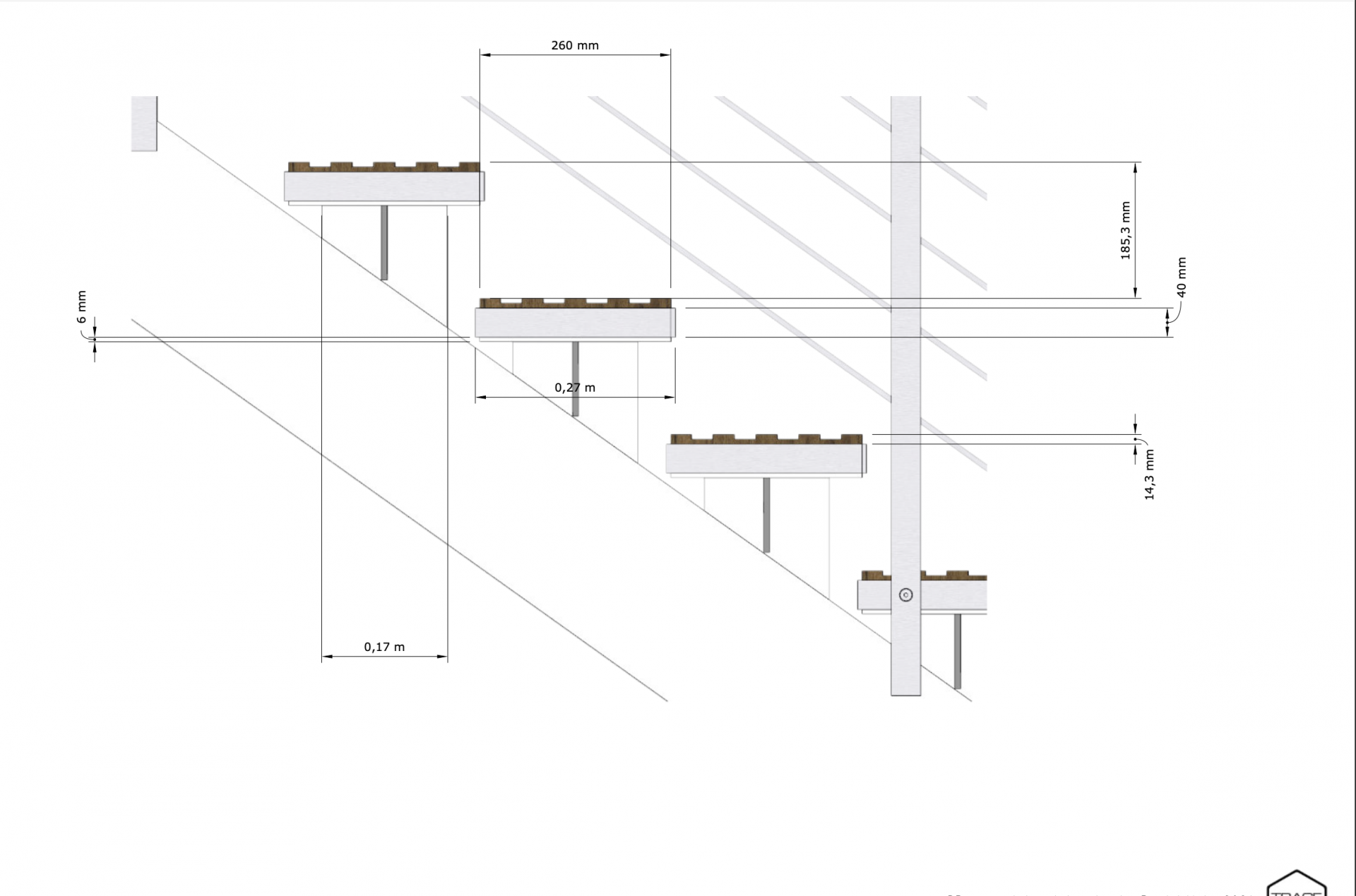 Close-up cross-section detail of two stair treads showing thickness, rise, and run dimensions.