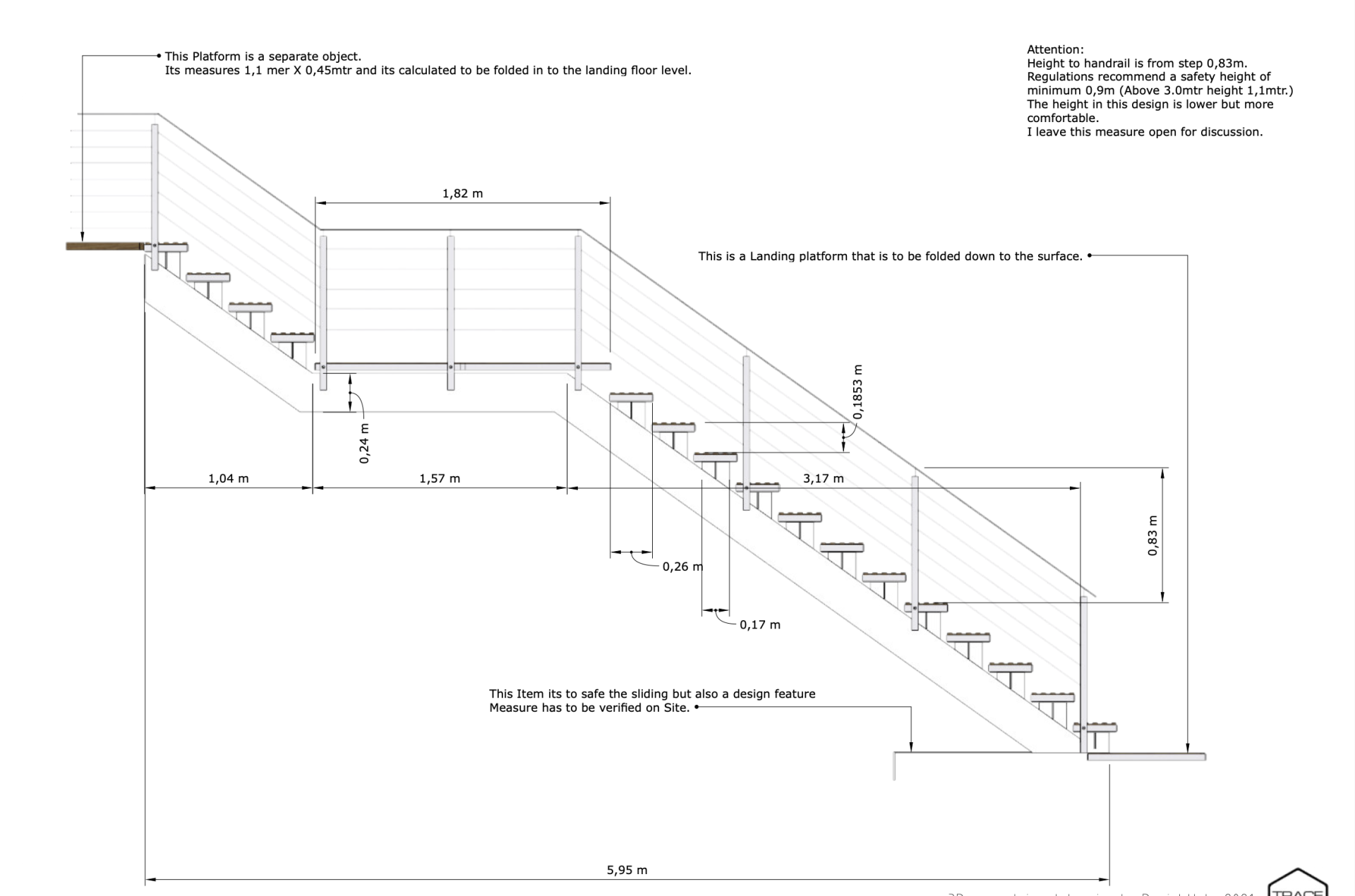 Side elevation drawing of a staircase with measurements for steps, risers, and overall dimensions.