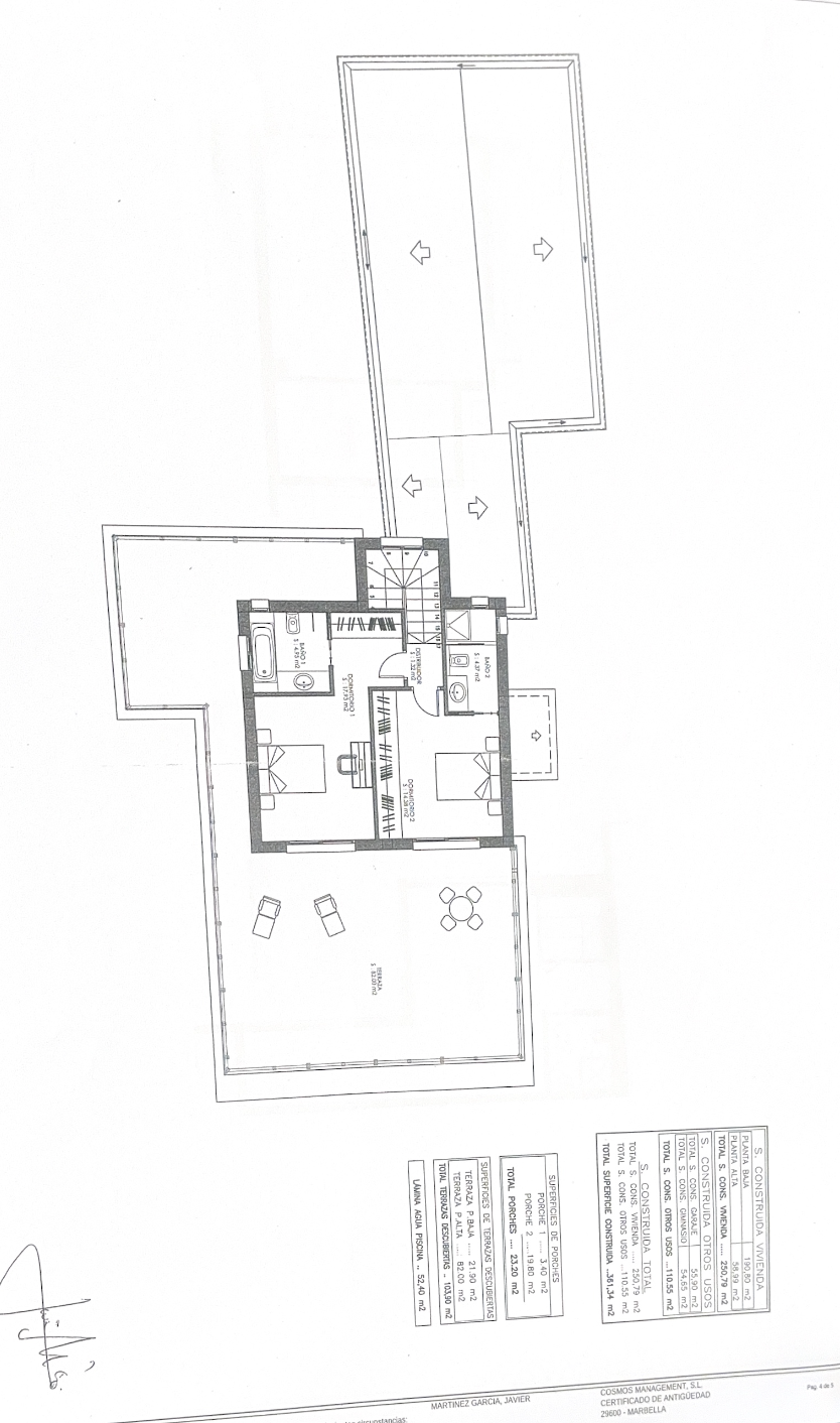 Floor plan of a villa, showing two bedrooms, two bathrooms, a living area, and stairs.