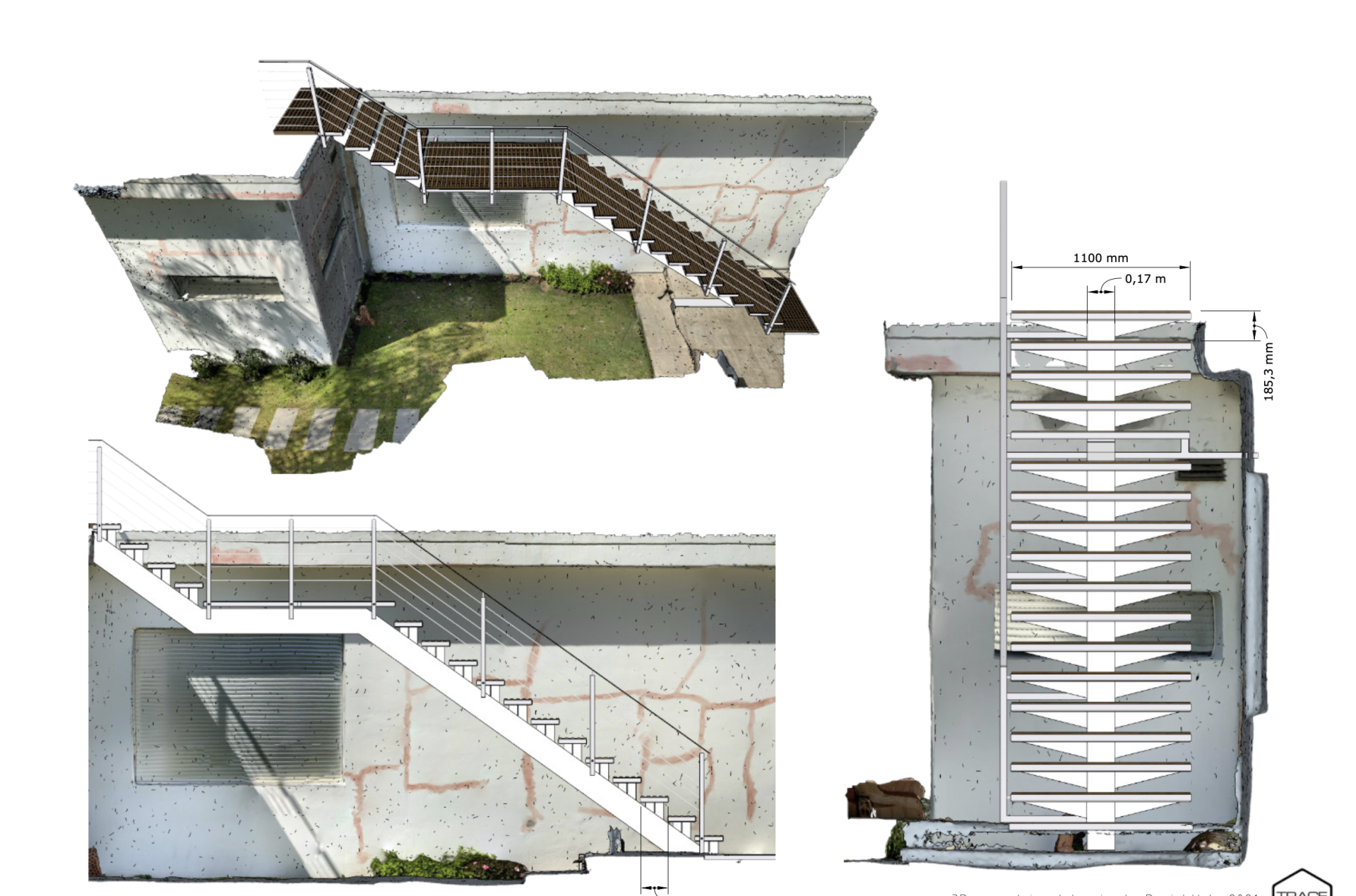 Three technical views of a building exterior with an external staircase and measurements.