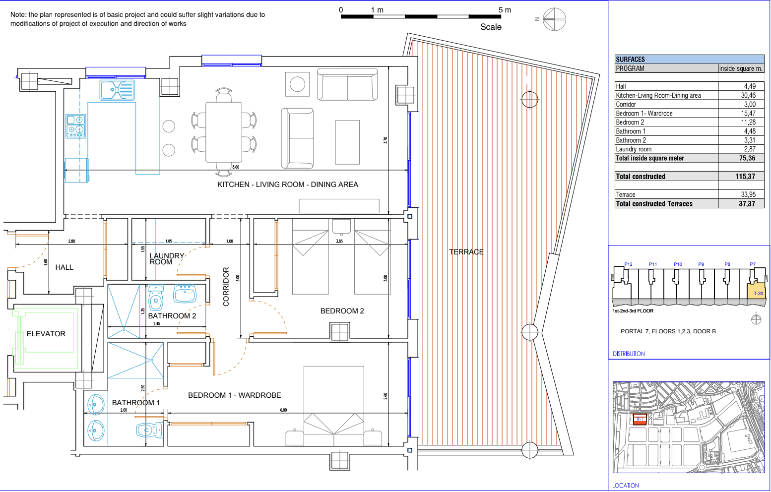Floor plan showing two bedrooms, two bathrooms, kitchen-living-dining area, and a large angled terrace.