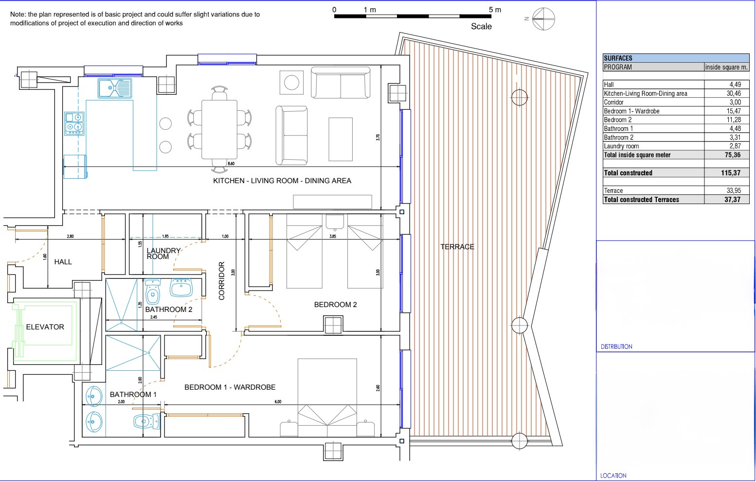 Detailed floor plan featuring two bedrooms, two bathrooms, a living area, and a spacious outdoor terrace.