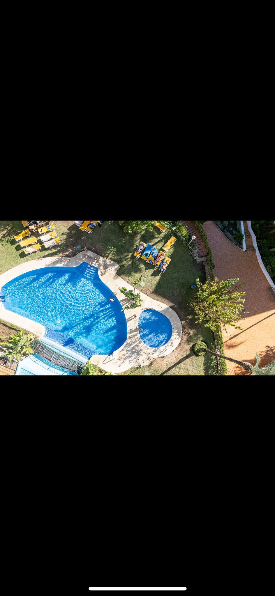 Aerial view of a large blue swimming pool, a smaller pool, a sunbathing lawn with yellow loungers, and walking paths.