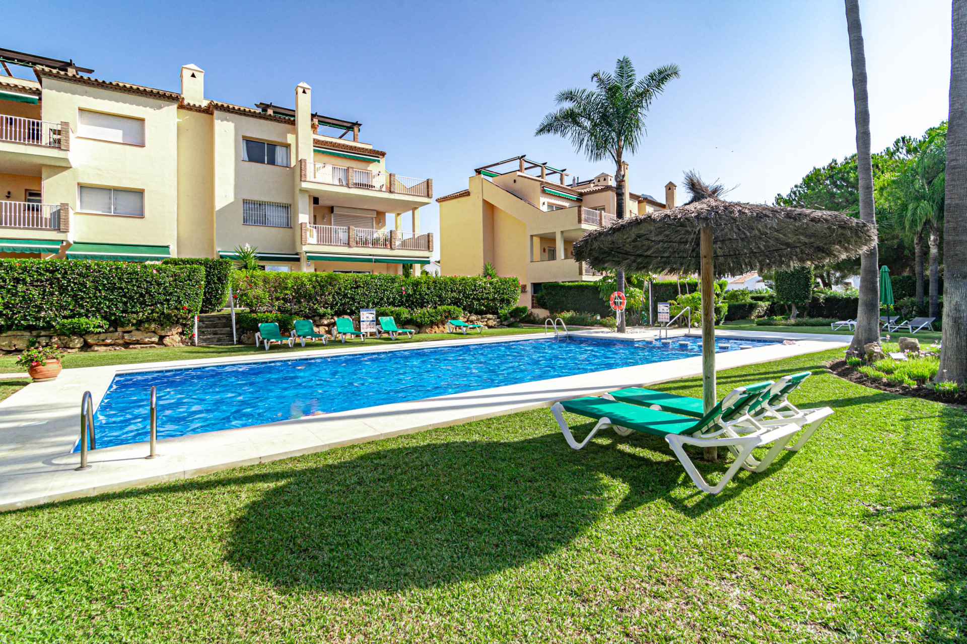 Community swimming pool with sun loungers and a straw umbrella, apartment buildings behind.