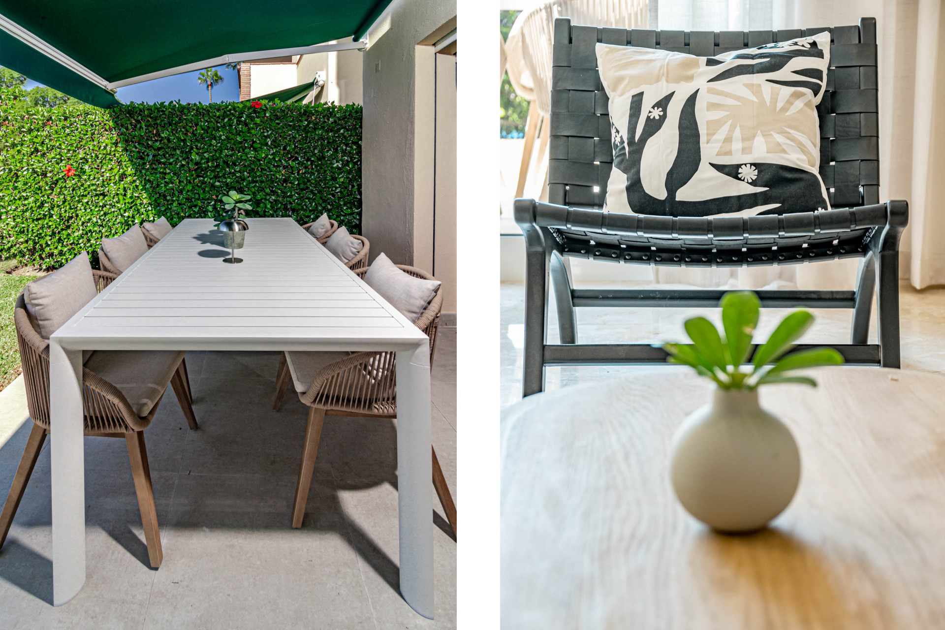 Split image: outdoor dining area with white table and chairs; black leather chair with patterned pillow.