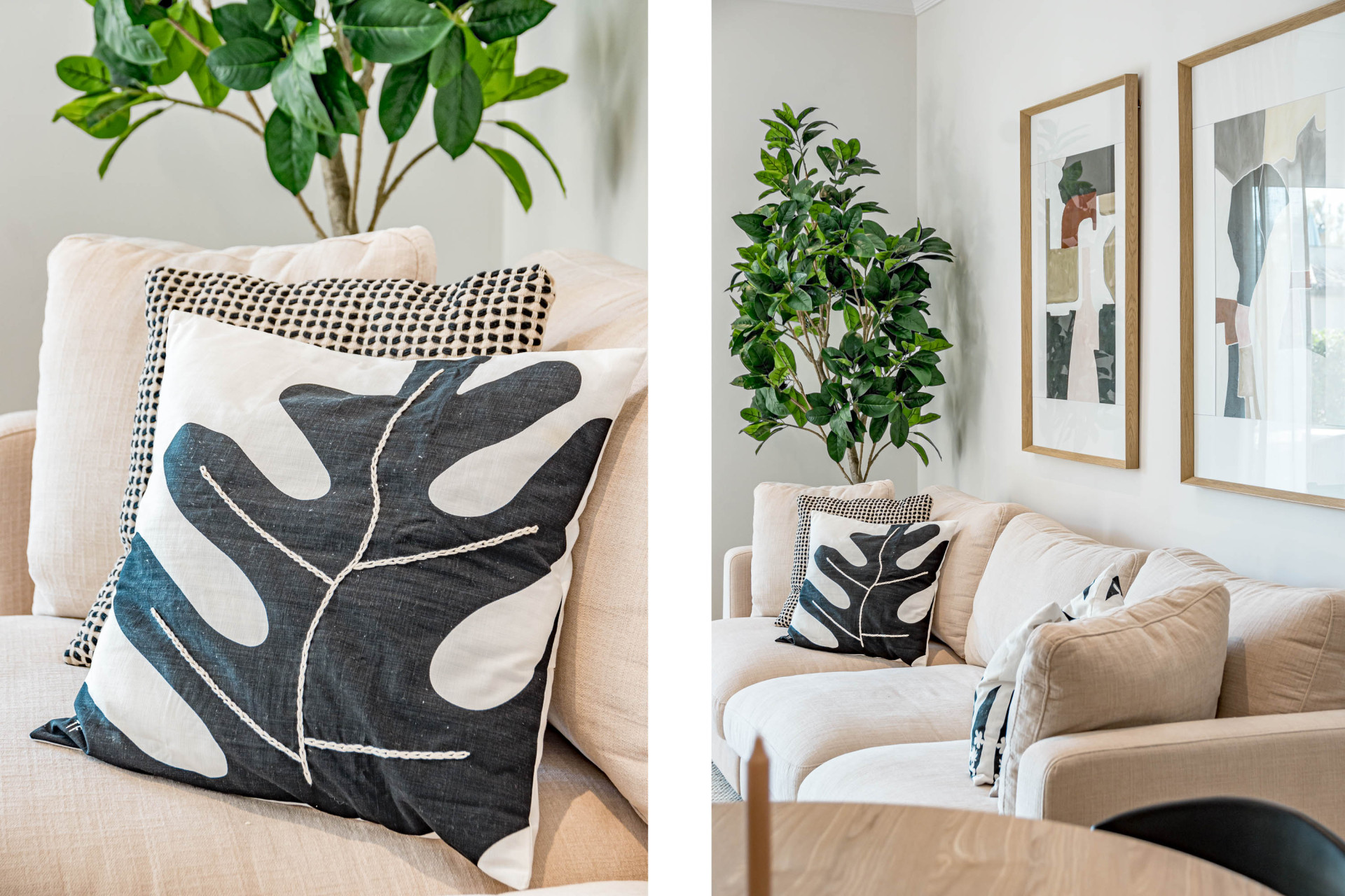 Split image showing a close-up of patterned pillows on a sofa, and the sofa with two abstract artworks.