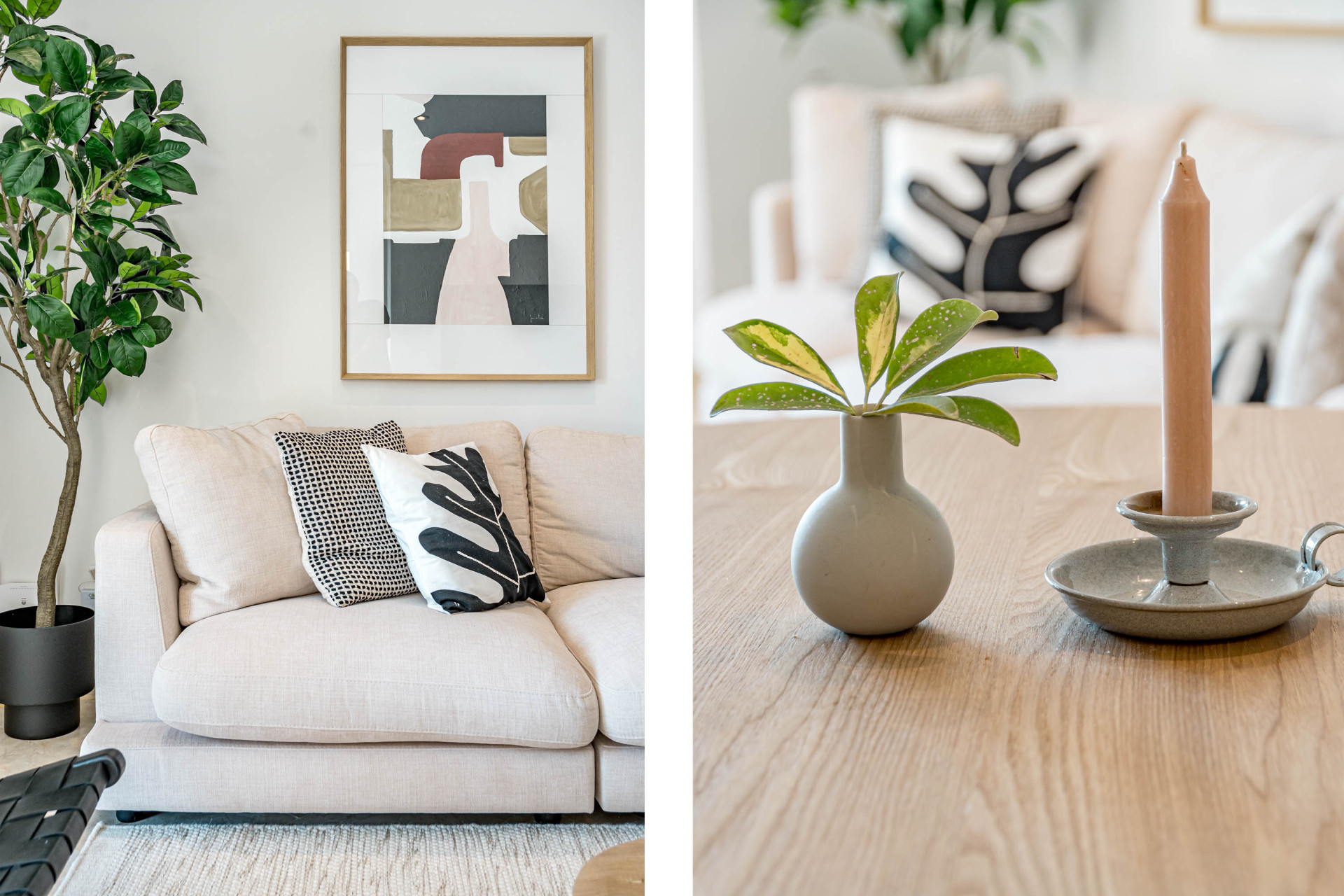 Split image of a beige sofa with patterned pillows and abstract art, alongside a vase and candle.