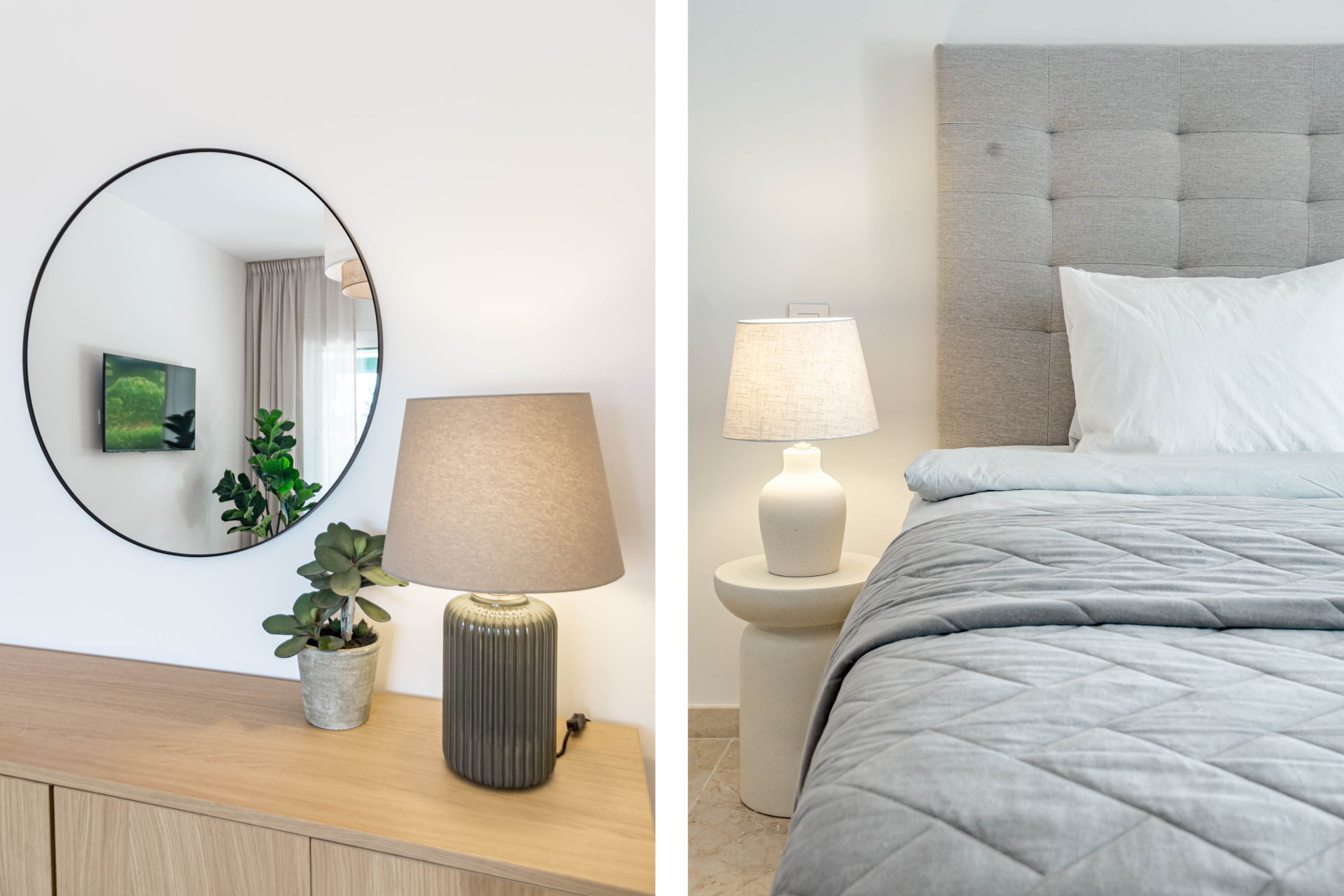 Bedroom featuring a round mirror, lamp on wooden dresser, and bed with headboard.