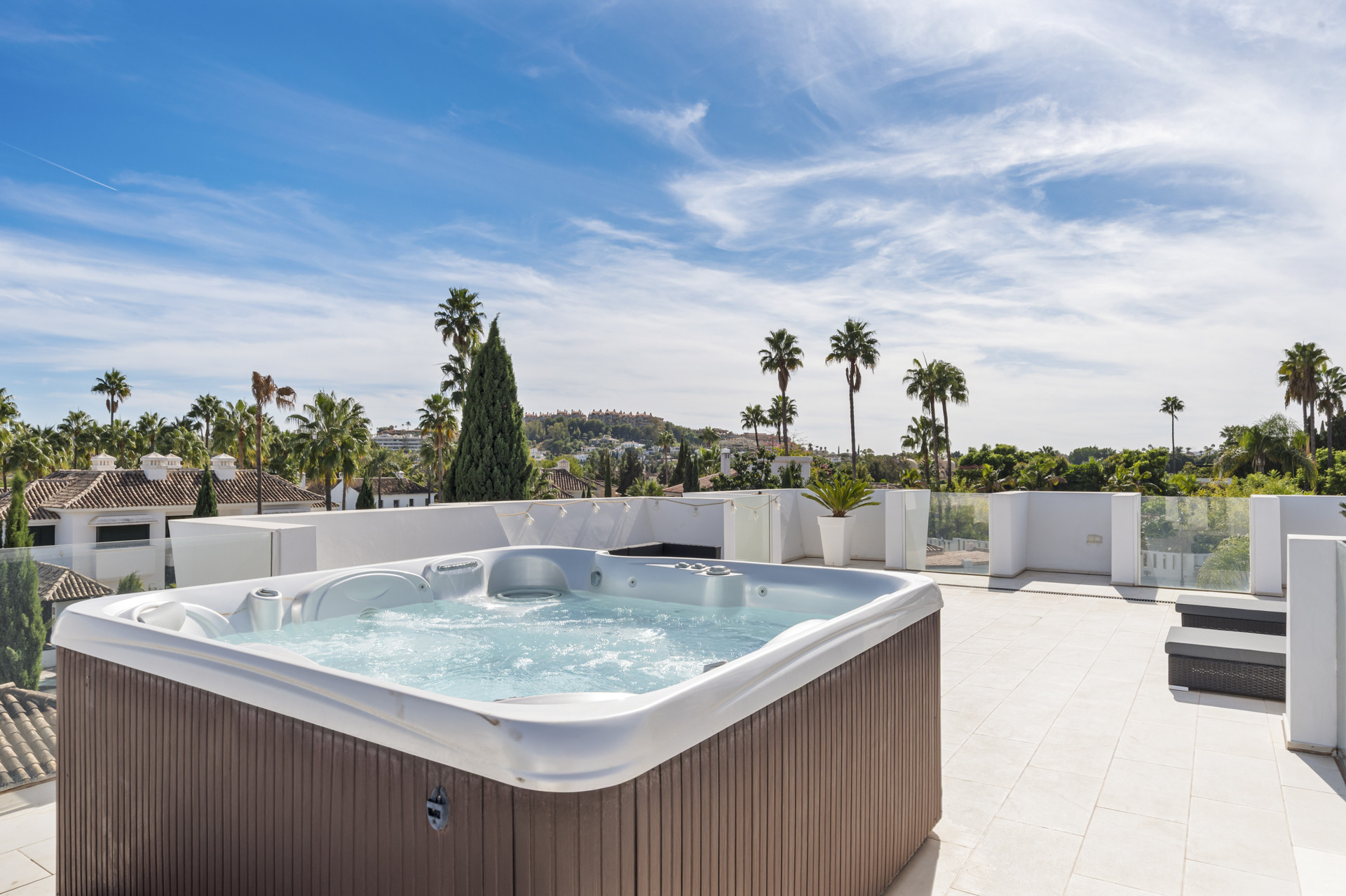 Hot tub with palm trees and scenic surroundings.
