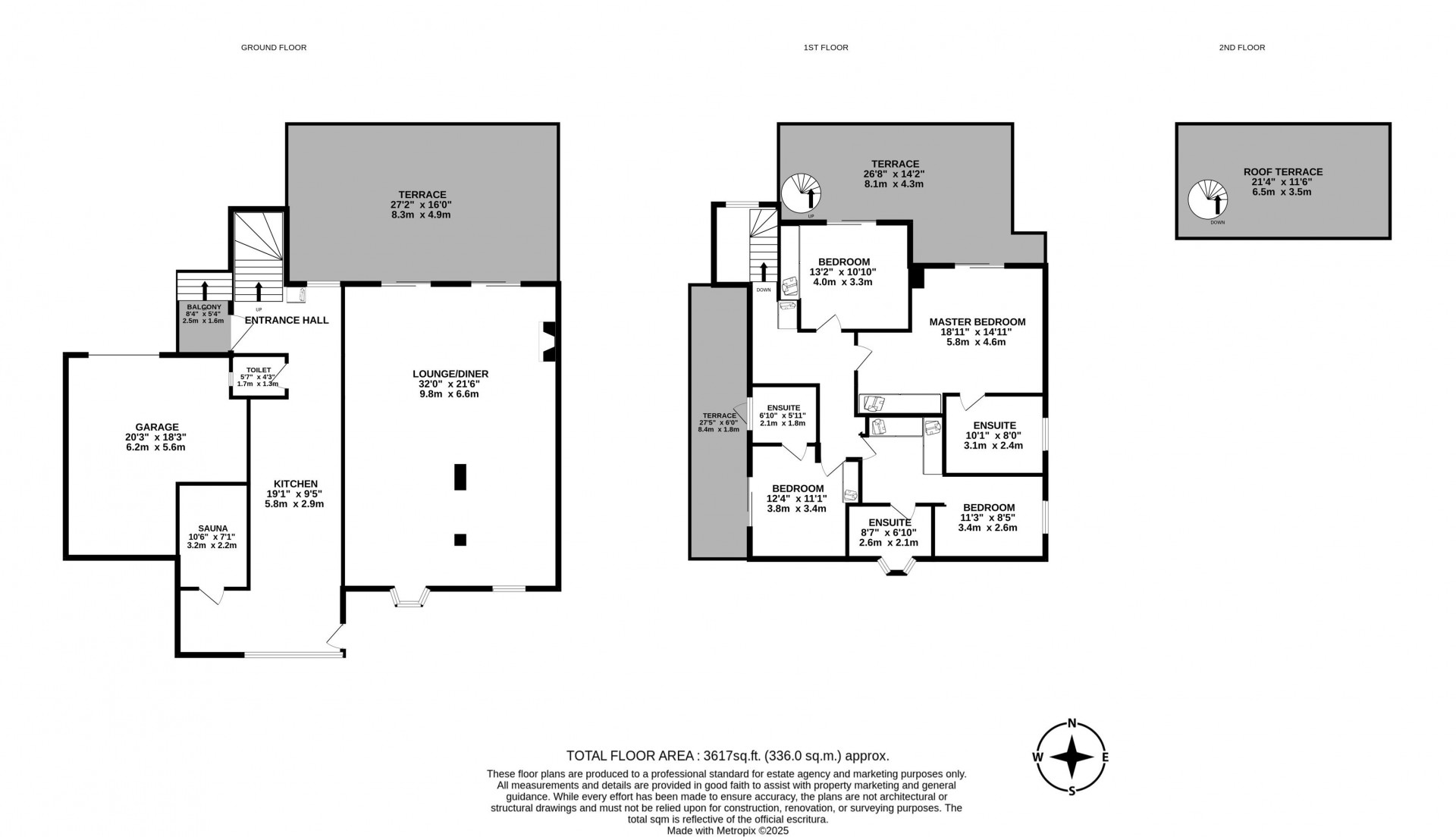 A multi-level floor plan showing ground floor with garage and kitchen, a first floor with bedrooms and ensuites, and a r