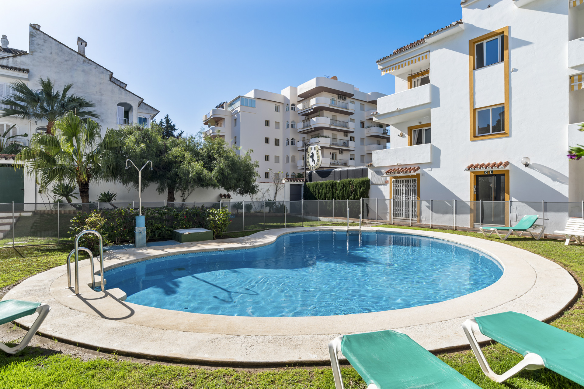 Swimming pool surrounded by greenery and lounge chairs under blue sky.