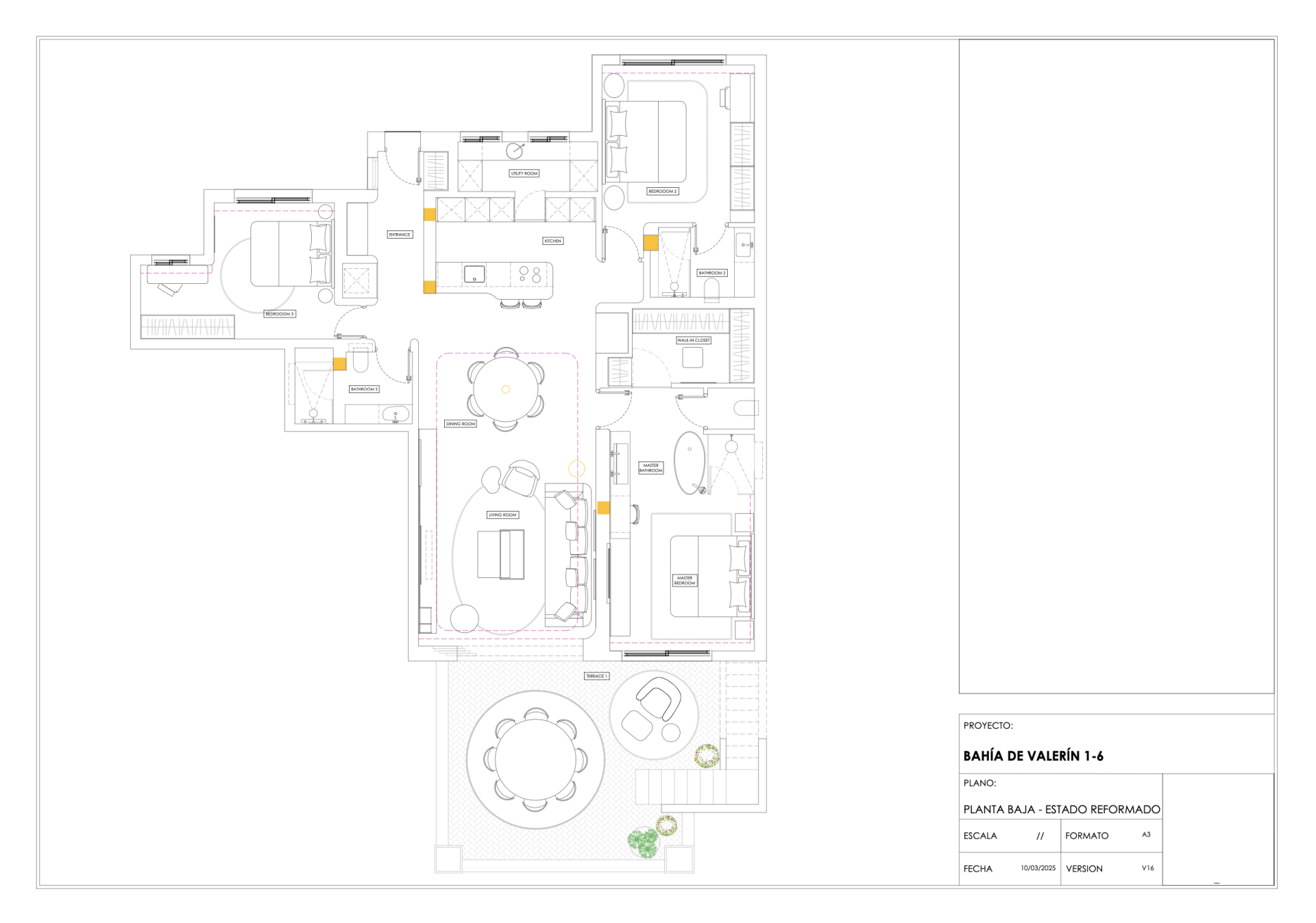 Floor plan of a penthouse showing living areas, bedrooms, kitchen, and an outdoor terrace.
