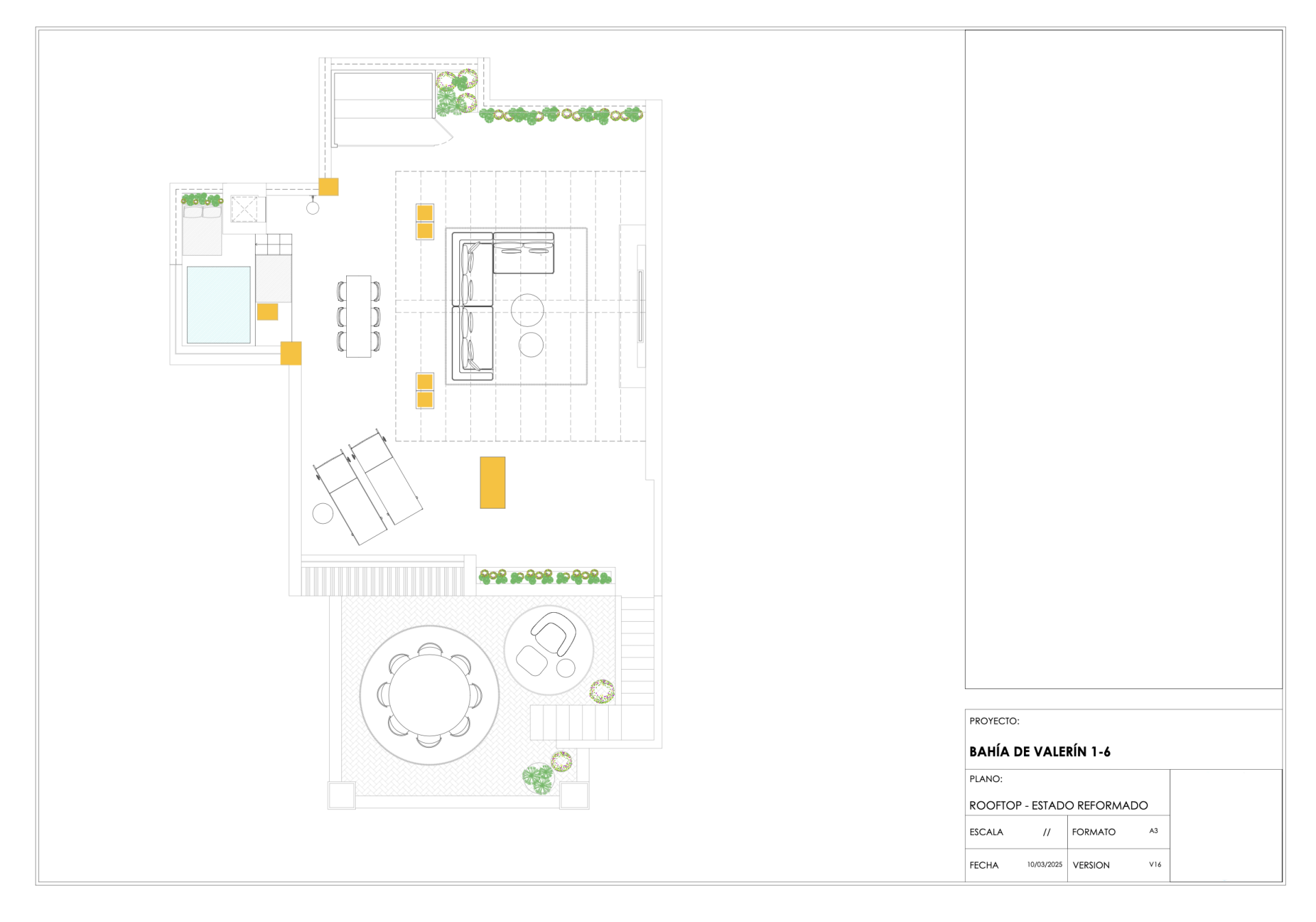 Rooftop floor plan with an outdoor dining area, lounge seating, and a small pool.