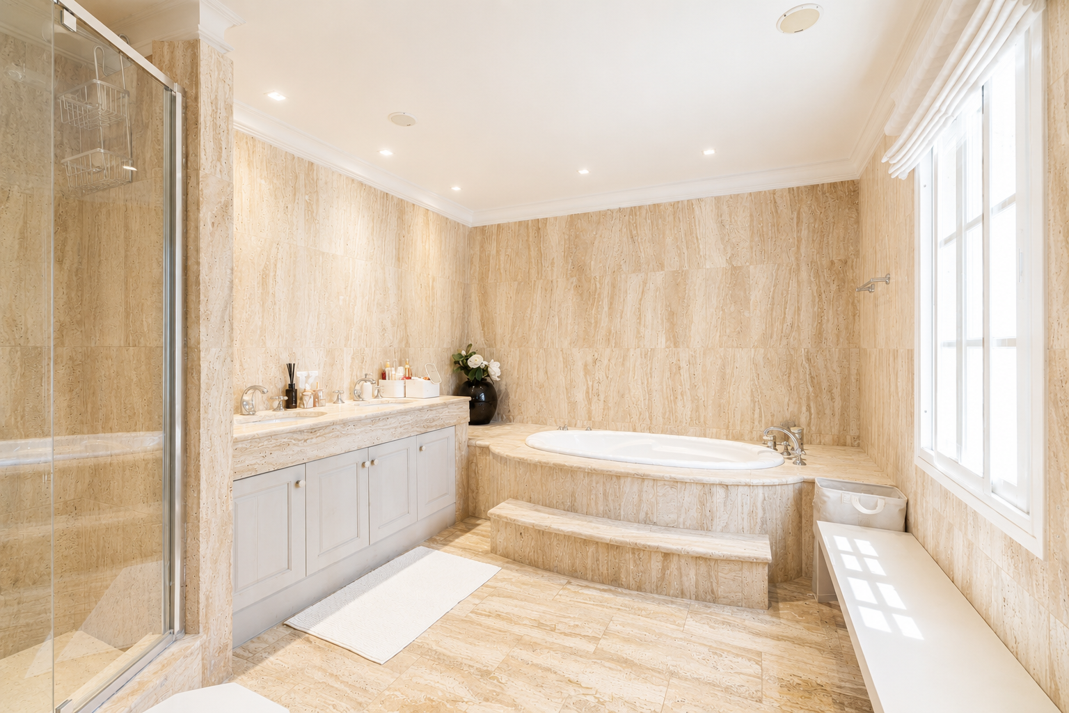 Luxurious bathroom featuring a large bathtub, dual sinks and earthy-toned walls and flooring.