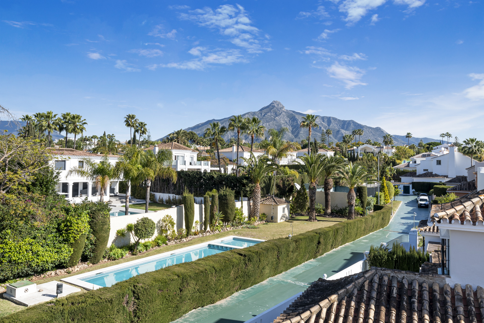 View of palm trees, manicured lawns, and mountain backdrop from above.