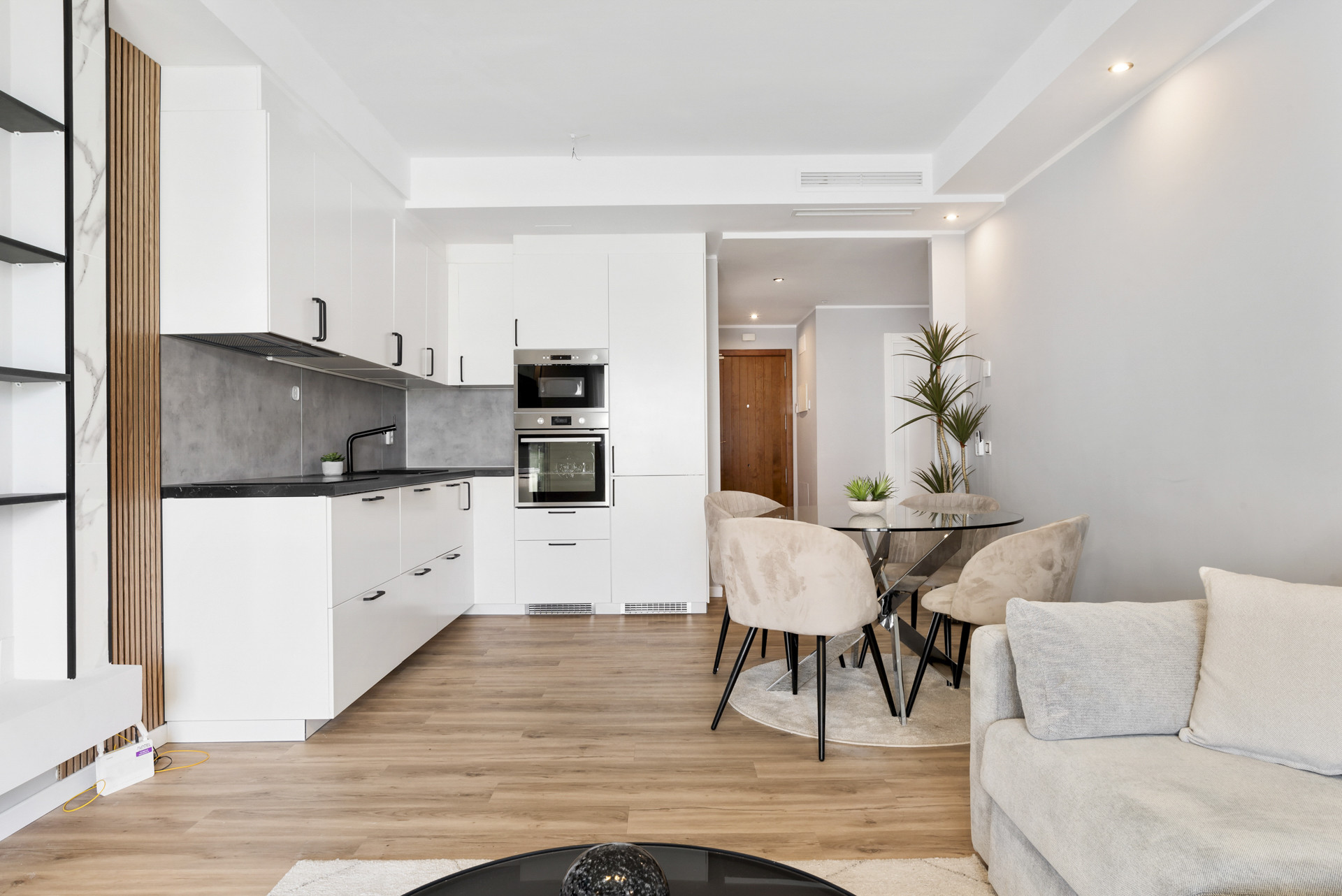 Open living space showing kitchen, dining area, and entrance.