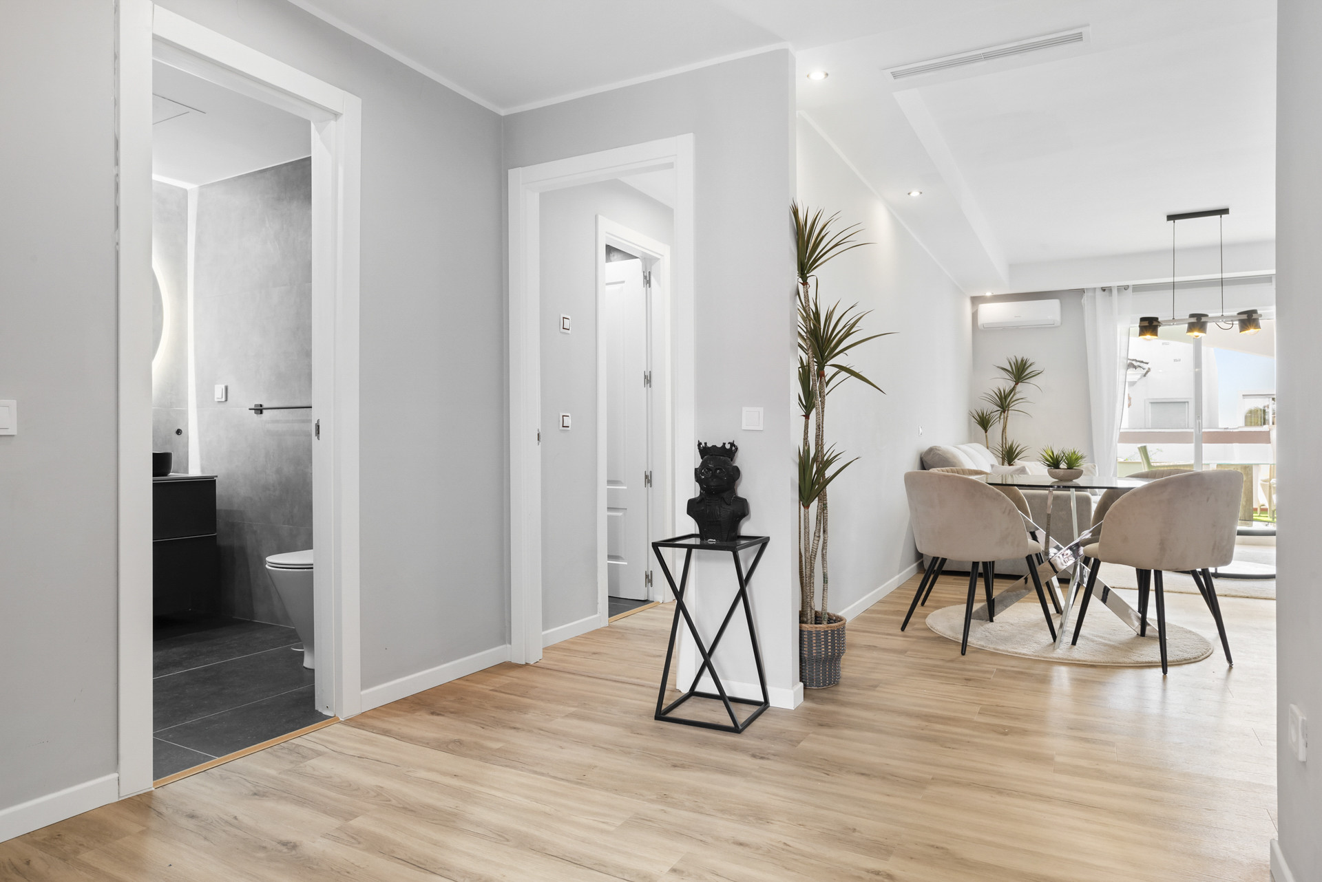 Hallway with doorways to bathroom and bedroom, and potted plants.
