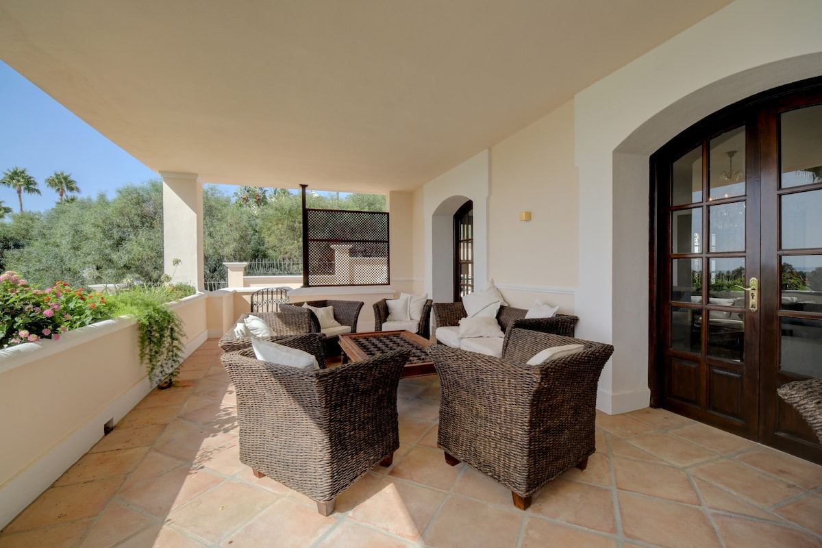 Outdoor terrace with wicker seating and plants against a blue sky.