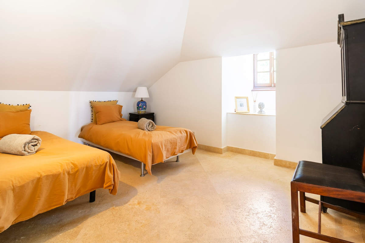 A bright room with two single beds and decorative pillows. A black chair and a window are visible.