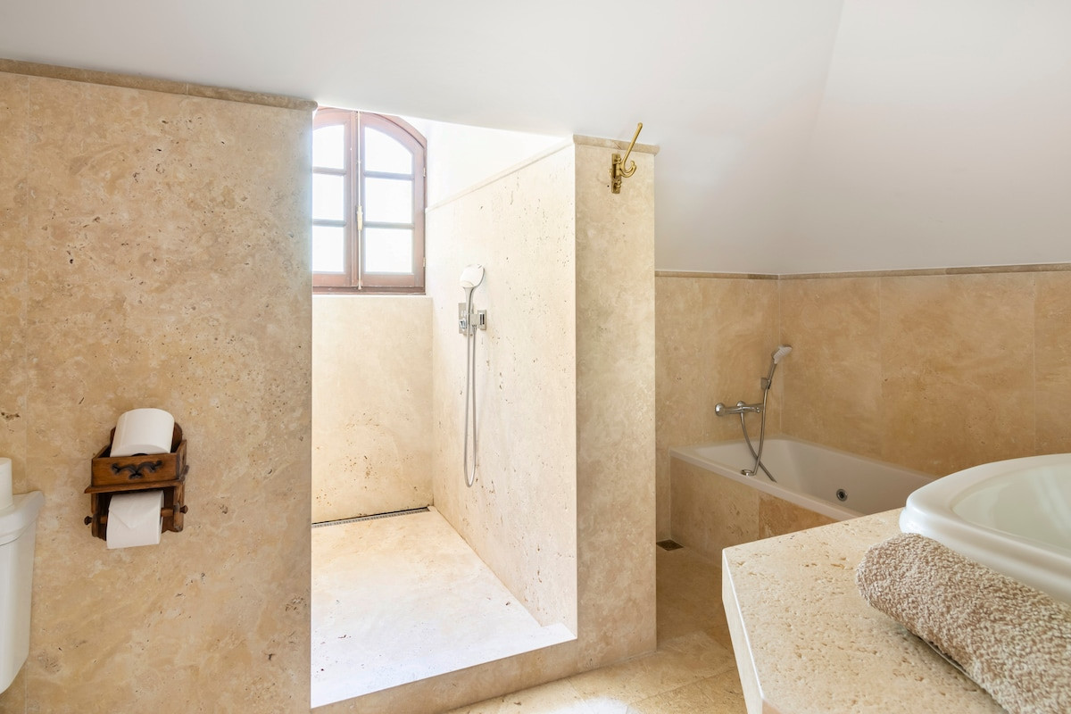 Spacious bathroom featuring a shower area, bathtub, and stone walls.