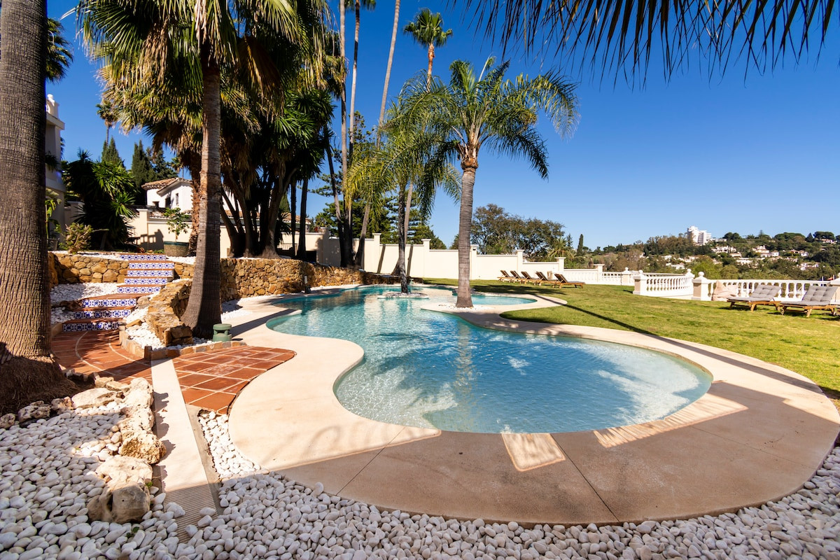 Beautiful pool surrounded by palm trees and landscaped areas, with lounge chairs nearby.